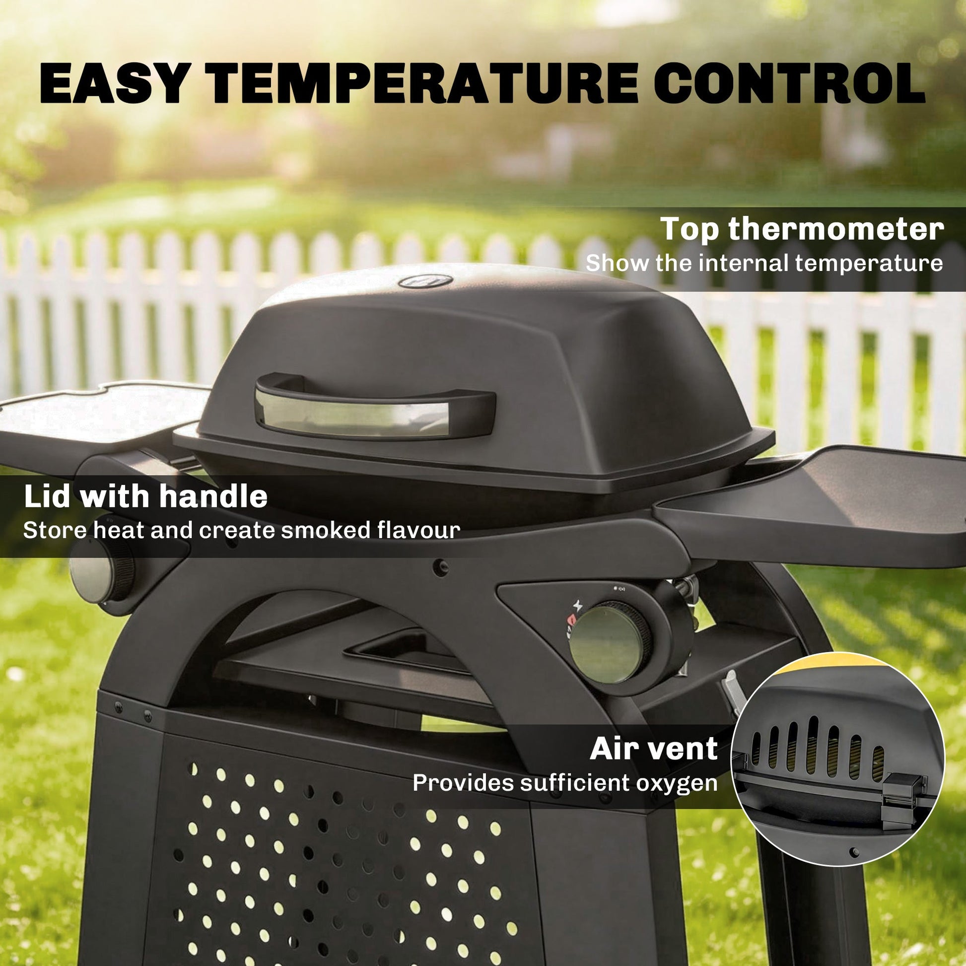 2 Burner Gas Grill with 2 Detachable Side Tables, 3.8 KW Steel Barbecue Grill with Cast Iron Grates, 2-in-1 Portable Tabletop BBQ with Wheels, Thermometer, Grease Tray, Hooks, Black