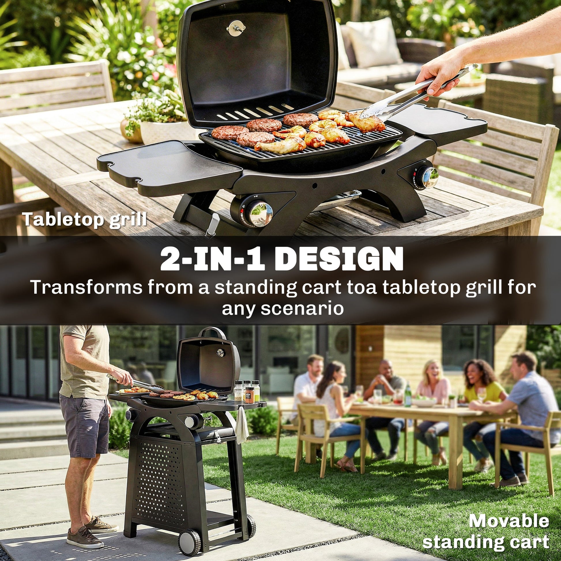 2 Burner Gas Grill with 2 Detachable Side Tables, 3.8 KW Steel Barbecue Grill with Cast Iron Grates, 2-in-1 Portable Tabletop BBQ with Wheels, Thermometer, Grease Tray, Hooks, Black