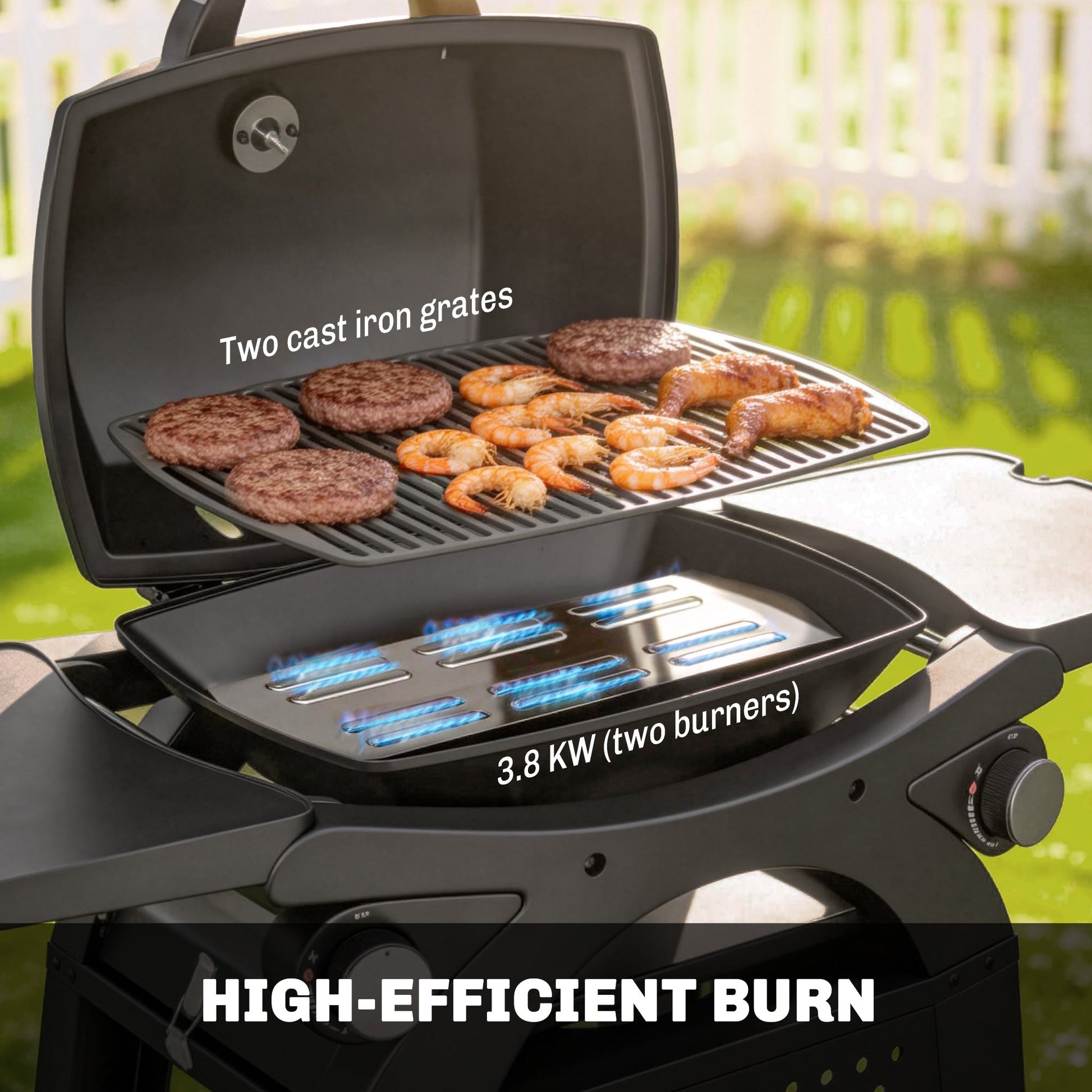 2 Burner Gas Grill with 2 Detachable Side Tables, 3.8 KW Steel Barbecue Grill with Cast Iron Grates, 2-in-1 Portable Tabletop BBQ with Wheels, Thermometer, Grease Tray, Hooks, Black