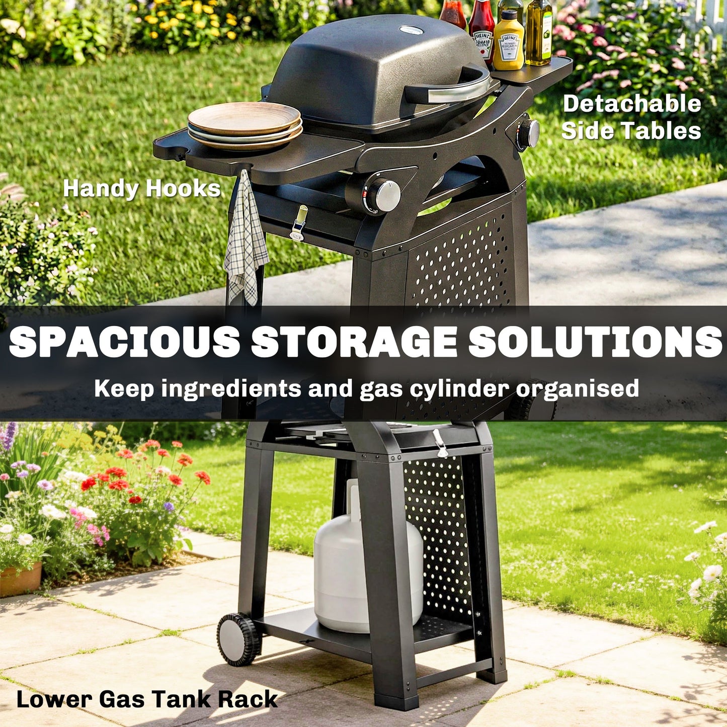 2 Burner Gas Grill with 2 Detachable Side Tables, 3.8 KW Steel Barbecue Grill with Cast Iron Grates, 2-in-1 Portable Tabletop BBQ with Wheels, Thermometer, Grease Tray, Hooks, Black