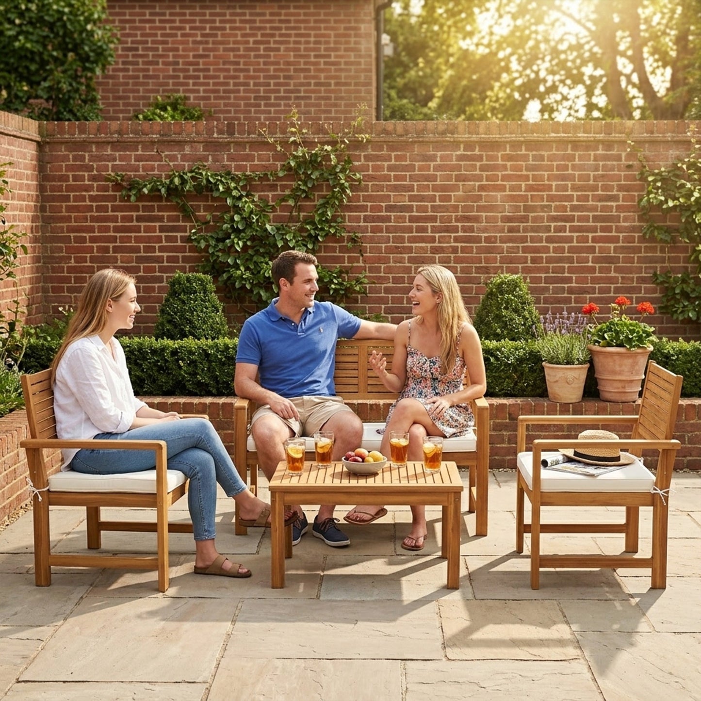 4 Seater Wooden Garden Furniture Set with Loveseat, 2 Armchairs, Wood-Top Table, Acacia Wood Garden Sofa Set with Cushions, Outdoor Furniture Conversation Sets, Cream White
