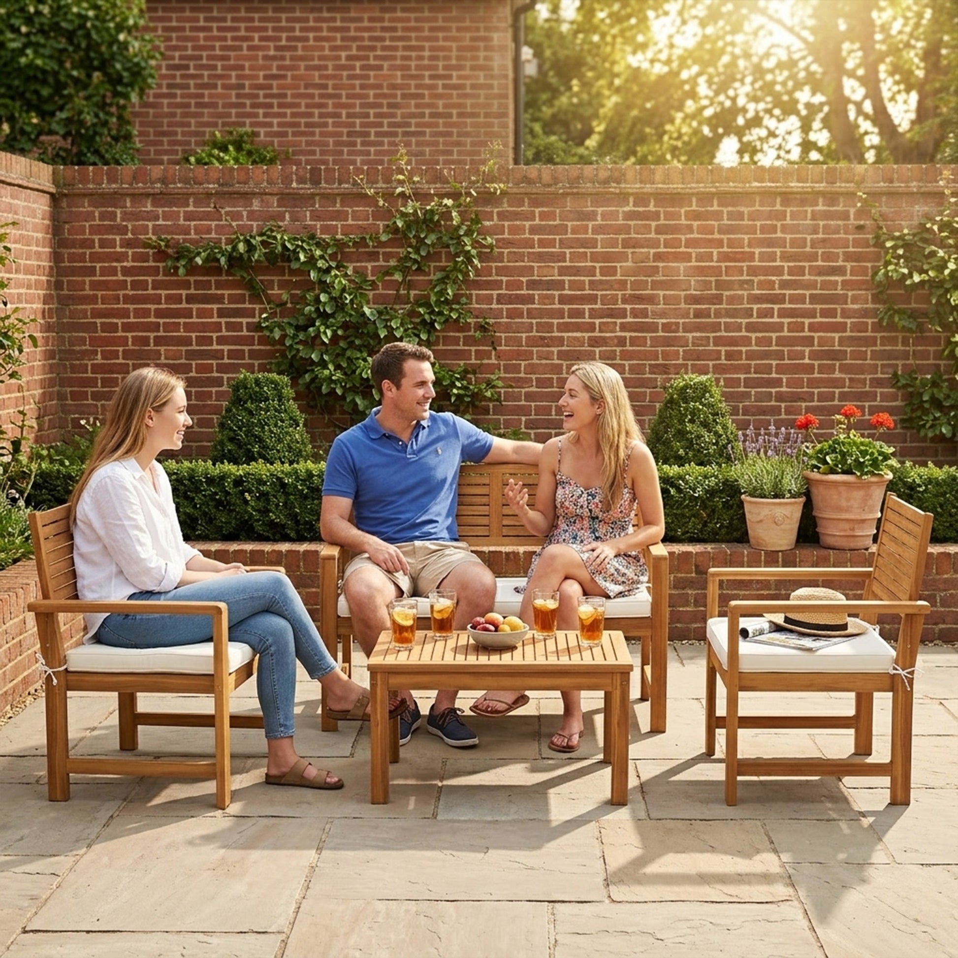 4 Seater Wooden Garden Furniture Set with Loveseat, 2 Armchairs, Wood-Top Table, Acacia Wood Garden Sofa Set with Cushions, Outdoor Furniture Conversation Sets, Cream White