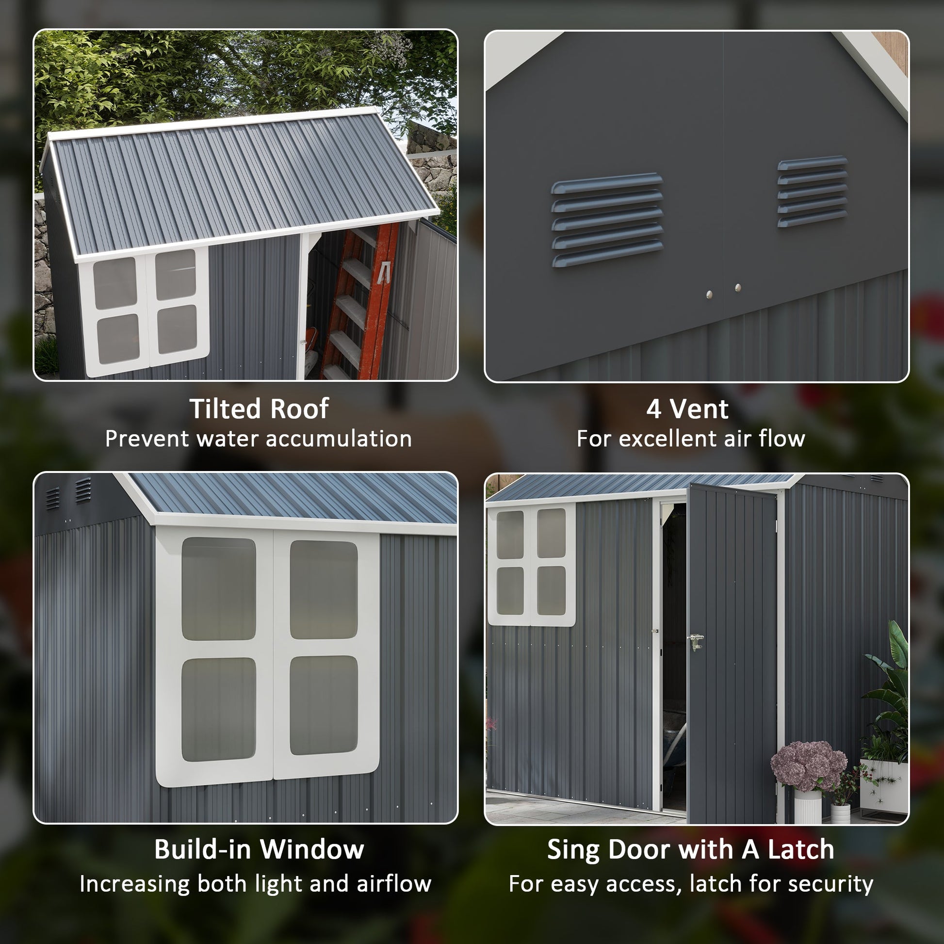 7 x 6 ft Garden Shed, Metal Shed with Single Door, Window and Air Vents, Galvanised Outdoor Lockable Tool Storage House, Dark Grey