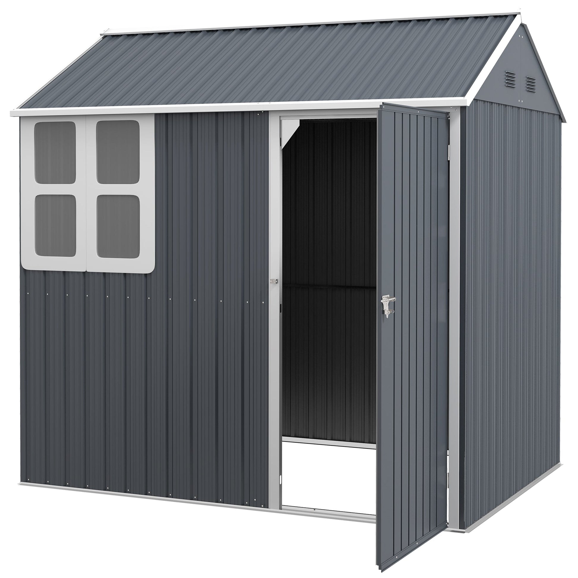 7 x 6 ft Garden Shed, Metal Shed with Single Door, Window and Air Vents, Galvanised Outdoor Lockable Tool Storage House, Dark Grey