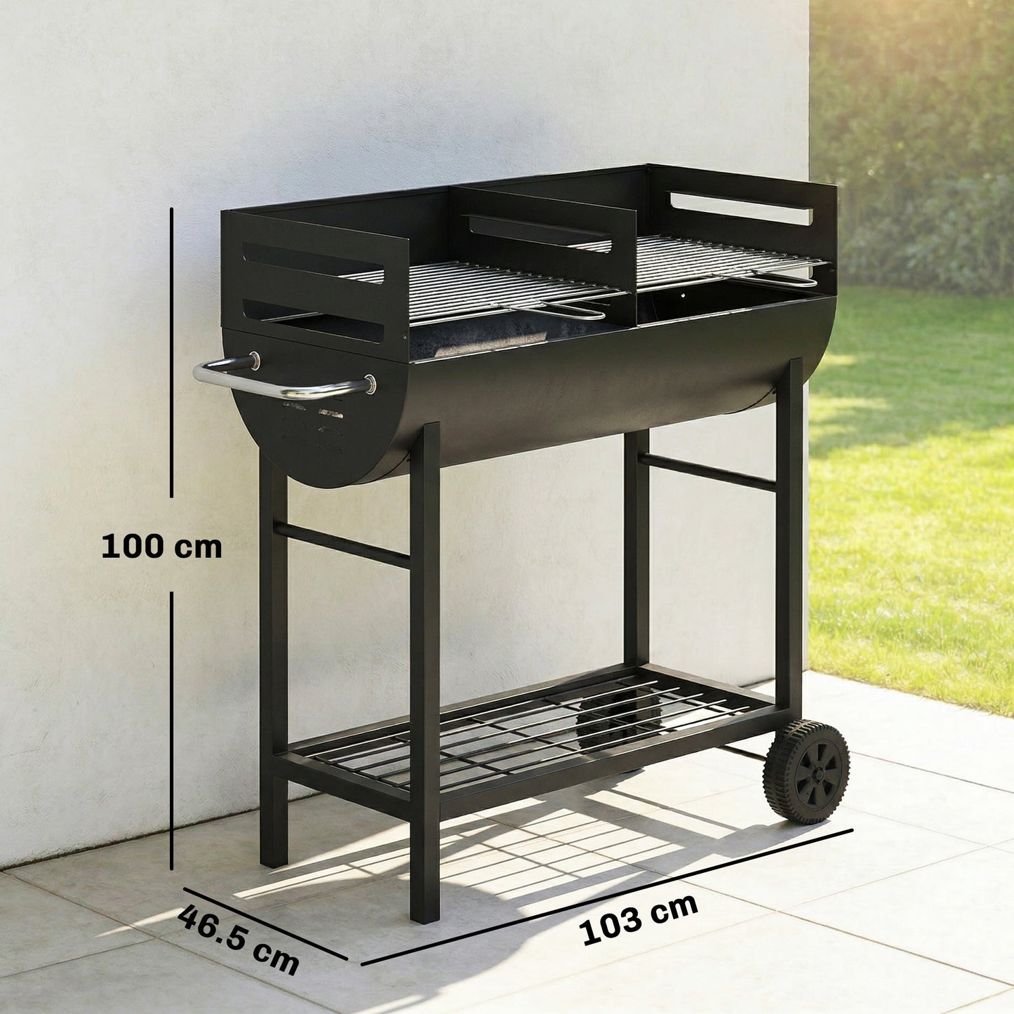 Charcoal Barbecue Grill with 2 Cooking Areas, Portable BBQ Trolley with Wheels, Height Adjustable Grates, Side Handle, Bottom Shelf, Metal Outdoor Cooker for Garden Camping, Picnic, Party