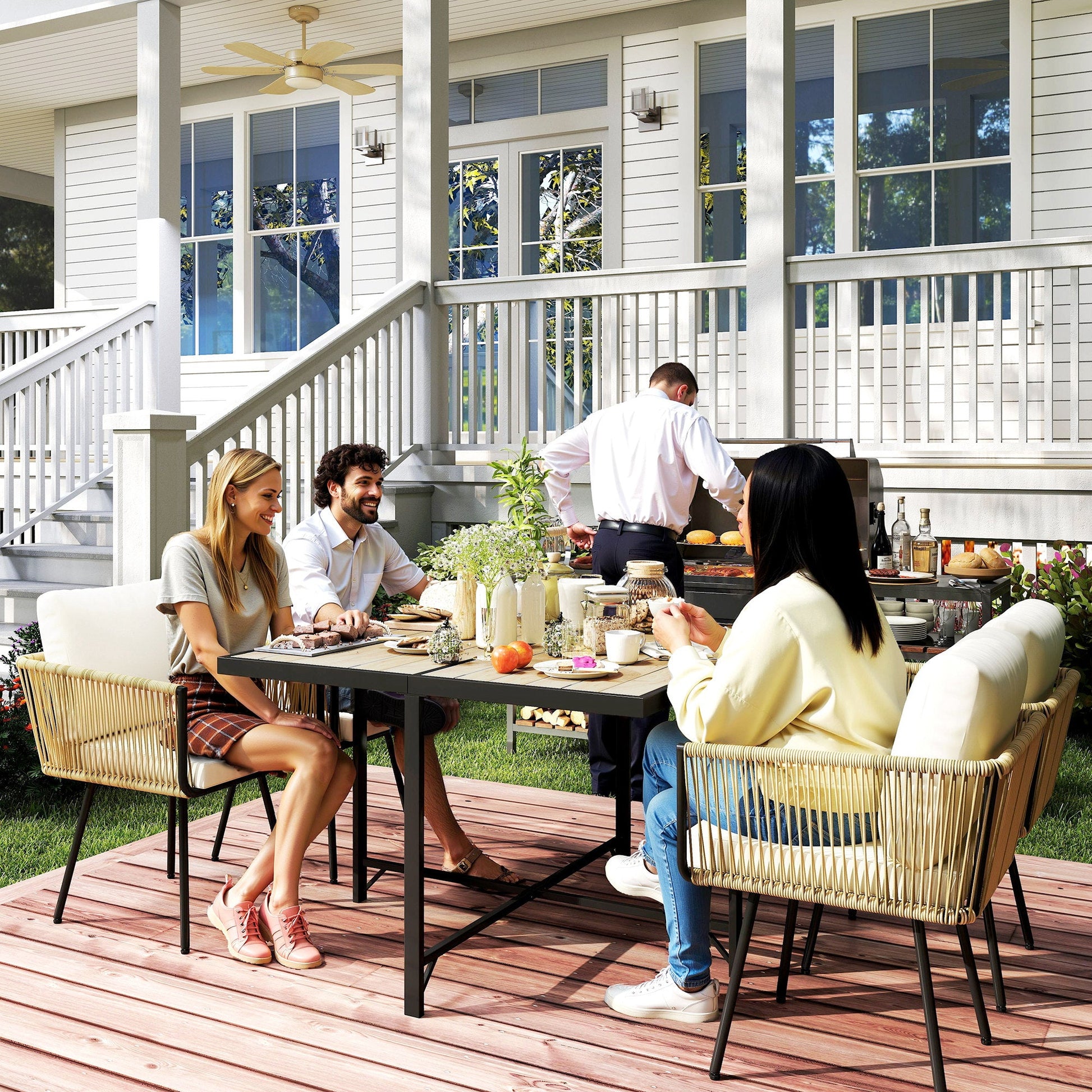 5 Piece Rattan Garden Furniture Set, Garden Dining Set with Wood-Plastic Table and 4 Stackable Chairs, Rattan Table and Chairs with 4 Cushions for Patio, Terrace, Beige