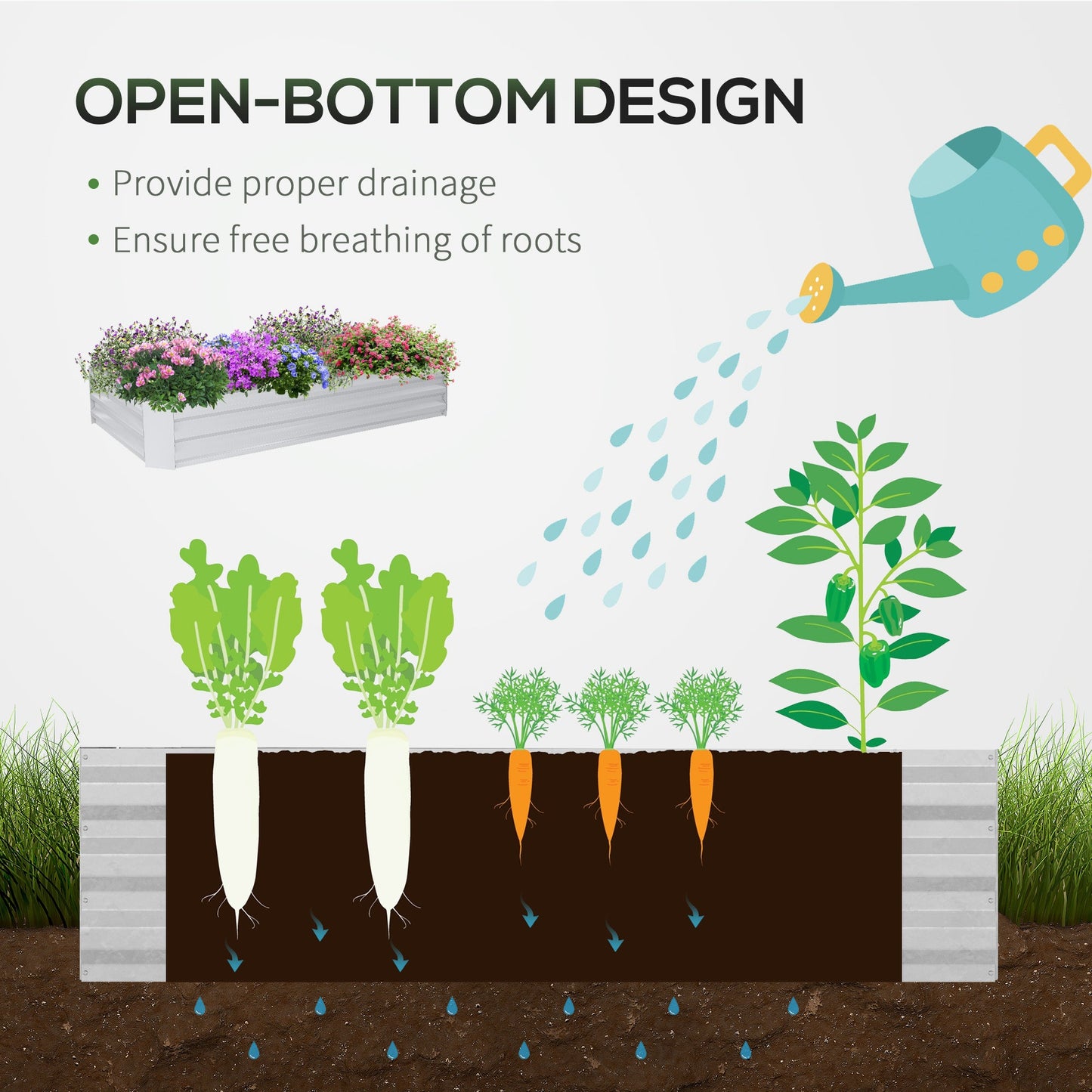 Raised Garden Bed with Greenhouse, Steel Planter Box with Plastic Cover, Roll Up Window, Dual Use for Flowers, Vegetables, Fruits and Herbs, 185L x 95W x 92H cm, Clear
