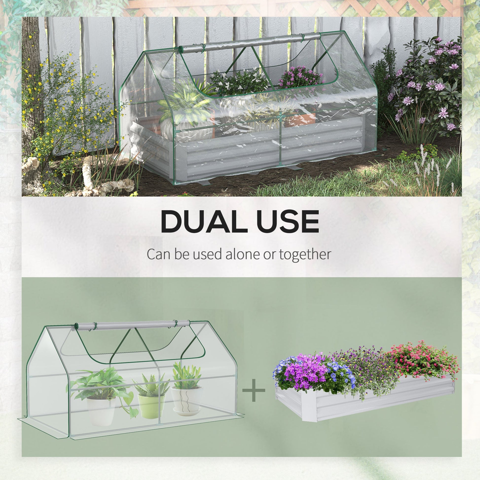 Raised Garden Bed with Greenhouse, Steel Planter Box with Plastic Cover, Roll Up Window, Dual Use for Flowers, Vegetables, Fruits and Herbs, 185L x 95W x 92H cm, Clear