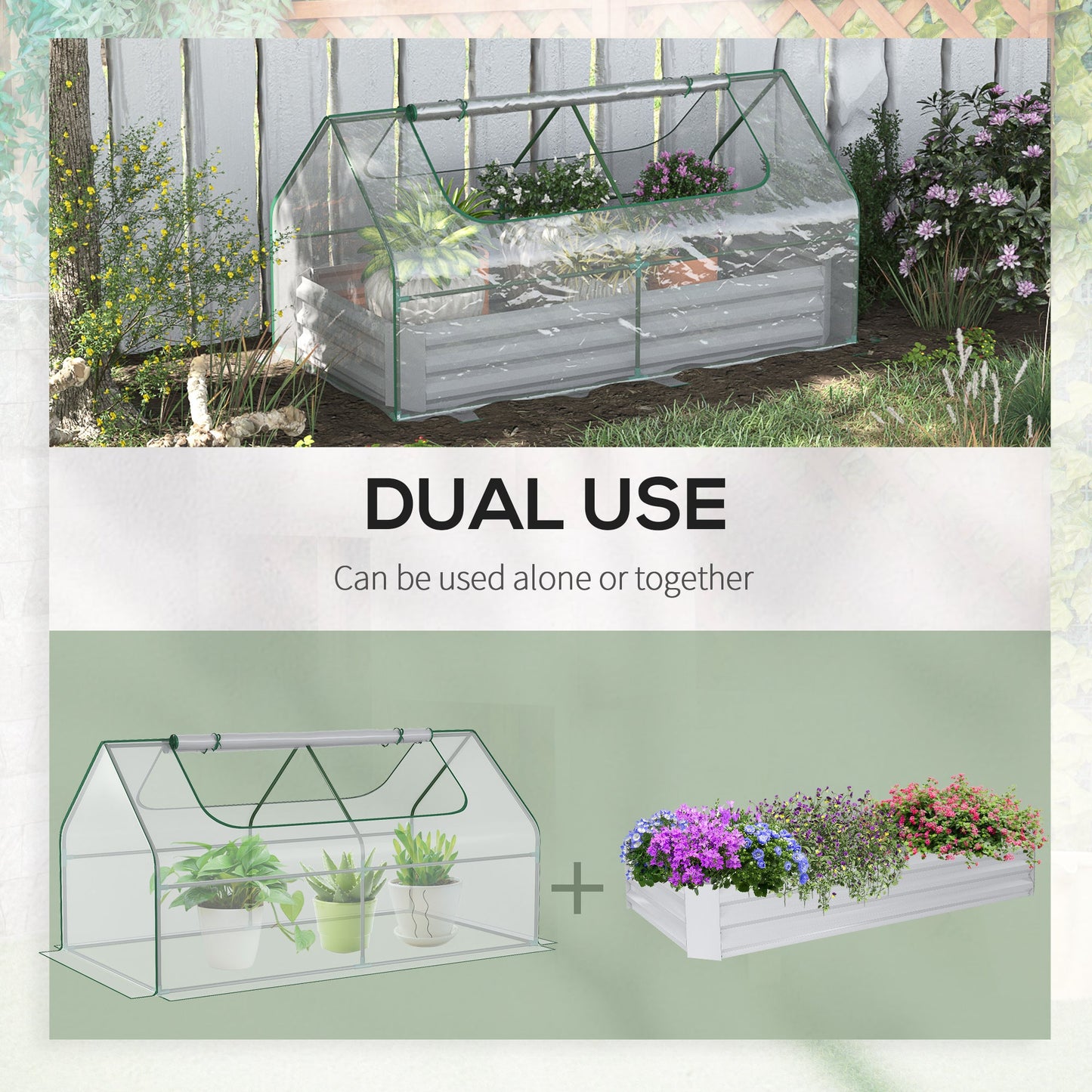 Raised Garden Bed with Greenhouse, Steel Planter Box with Plastic Cover, Roll Up Window, Dual Use for Flowers, Vegetables, Fruits and Herbs, 185L x 95W x 92H cm, Clear