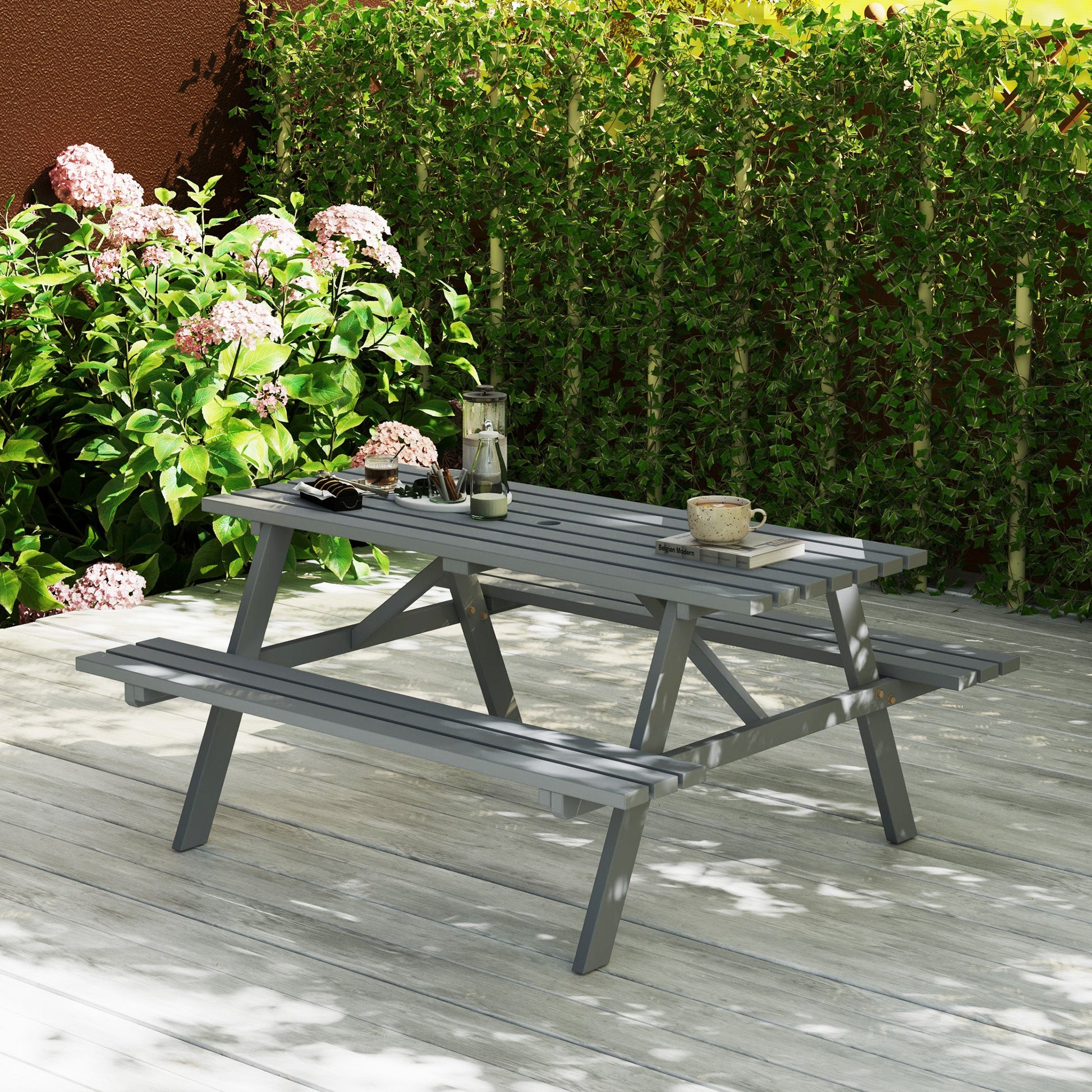 6 Seater Wooden Picnic Table Bench for Outdoor Garden or Patio with Parasol Cutout 150 cm Grey