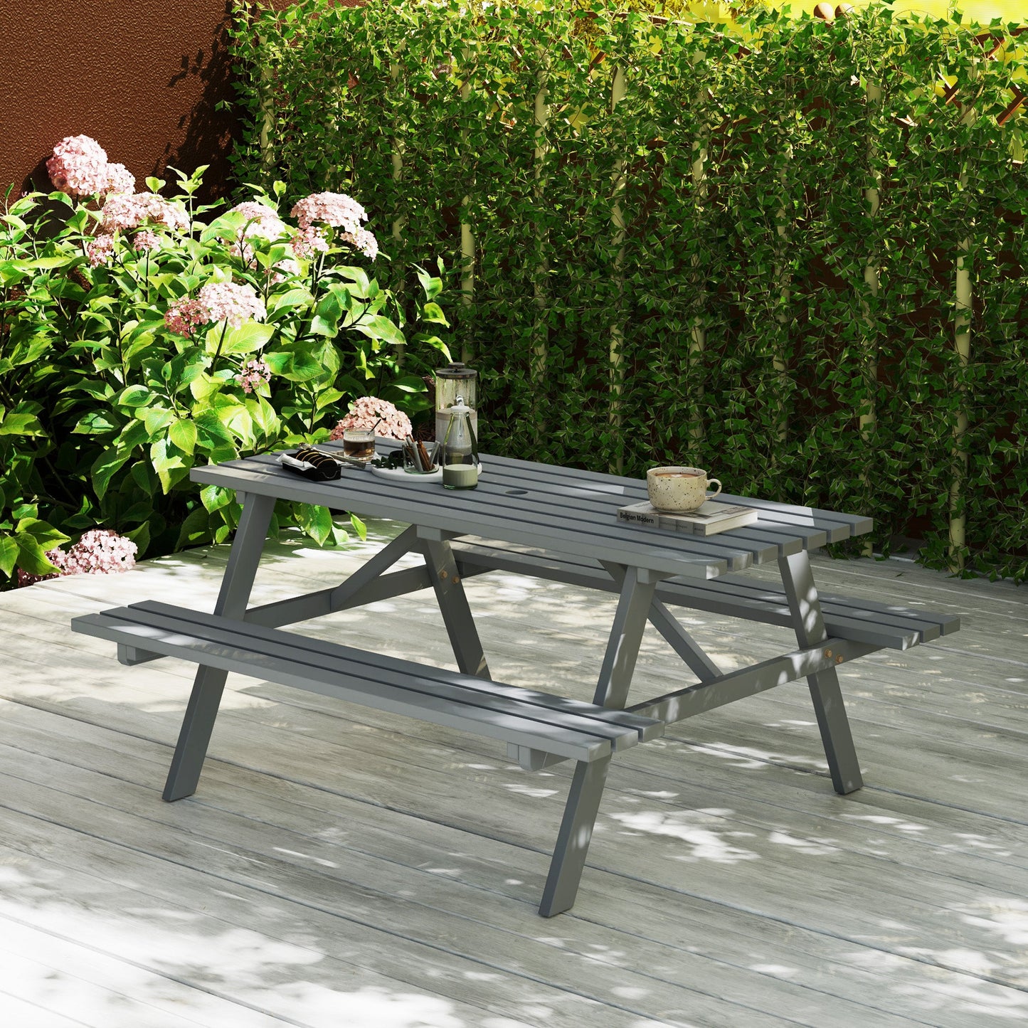 6 Seater Wooden Picnic Table Bench for Outdoor Garden or Patio with Parasol Cutout 150 cm Grey