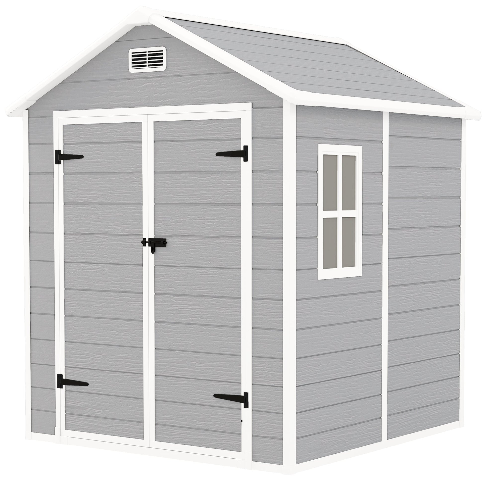 6 x 5ft Garden Shed, Plastic Shed with Floor, Window, Lockable Doors and Vents, Wood Effect Resin Tool Shed for Outdoor Patio, Light Grey