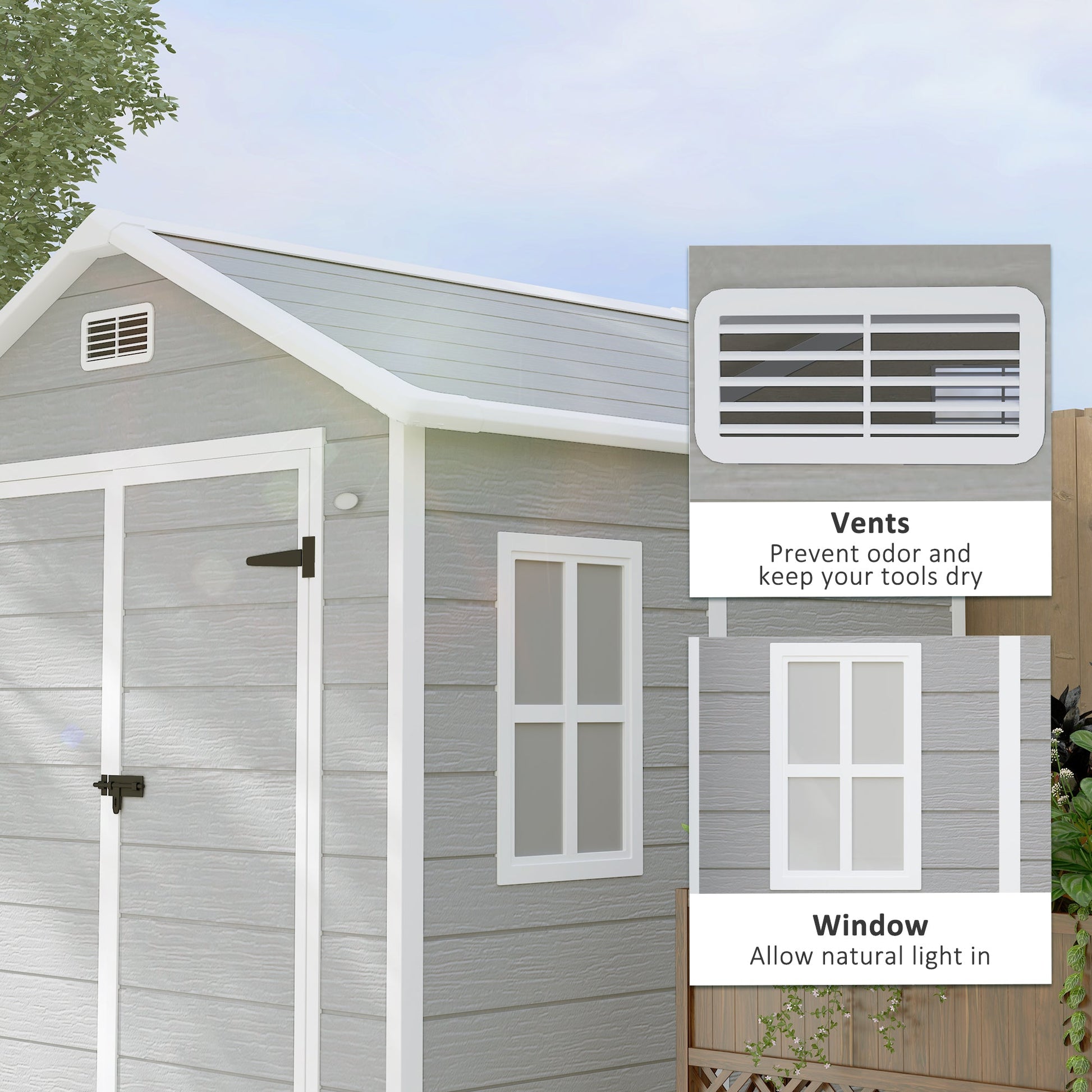 6 x 5ft Garden Shed, Plastic Shed with Floor, Window, Lockable Doors and Vents, Wood Effect Resin Tool Shed for Outdoor Patio, Light Grey