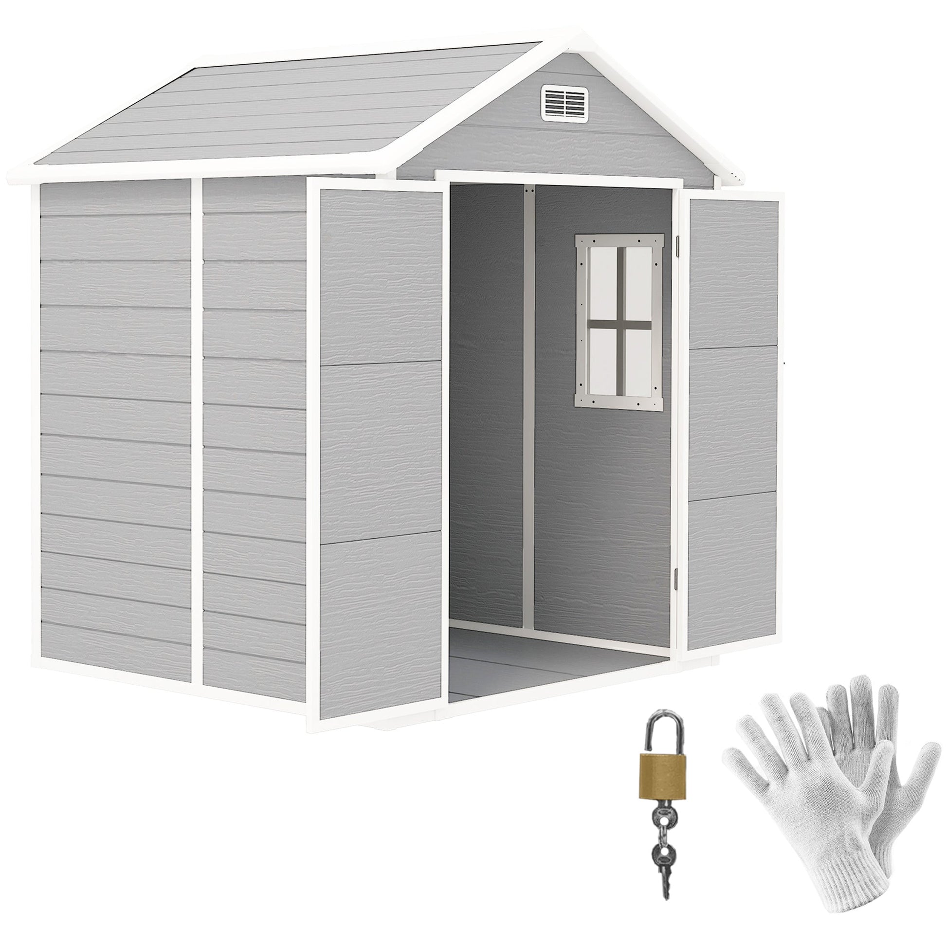 6 x 5ft Garden Shed, Plastic Shed with Floor, Window, Lockable Doors and Vents, Wood Effect Resin Tool Shed for Outdoor Patio, Light Grey