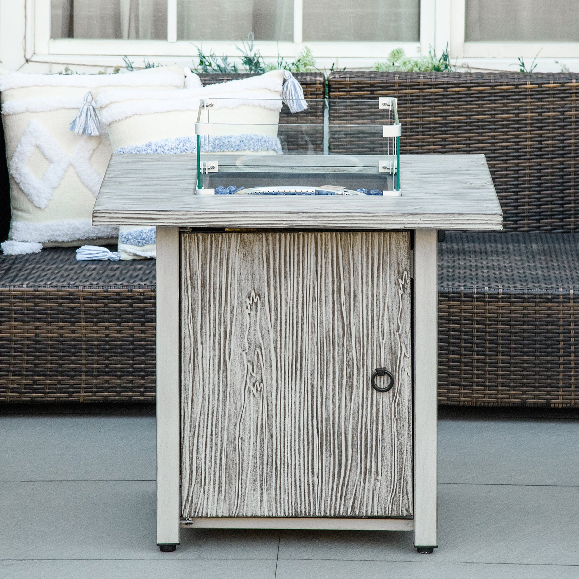 Propane Gas Fire Pit Table for Garden, 40000 BTU Smokeless Firepit Outdoor Patio Heater with Waterproof Cover, Glass Screen, Glass Beads and Lid, Wood Effect, 71 x 71 x 62.5cm, Grey