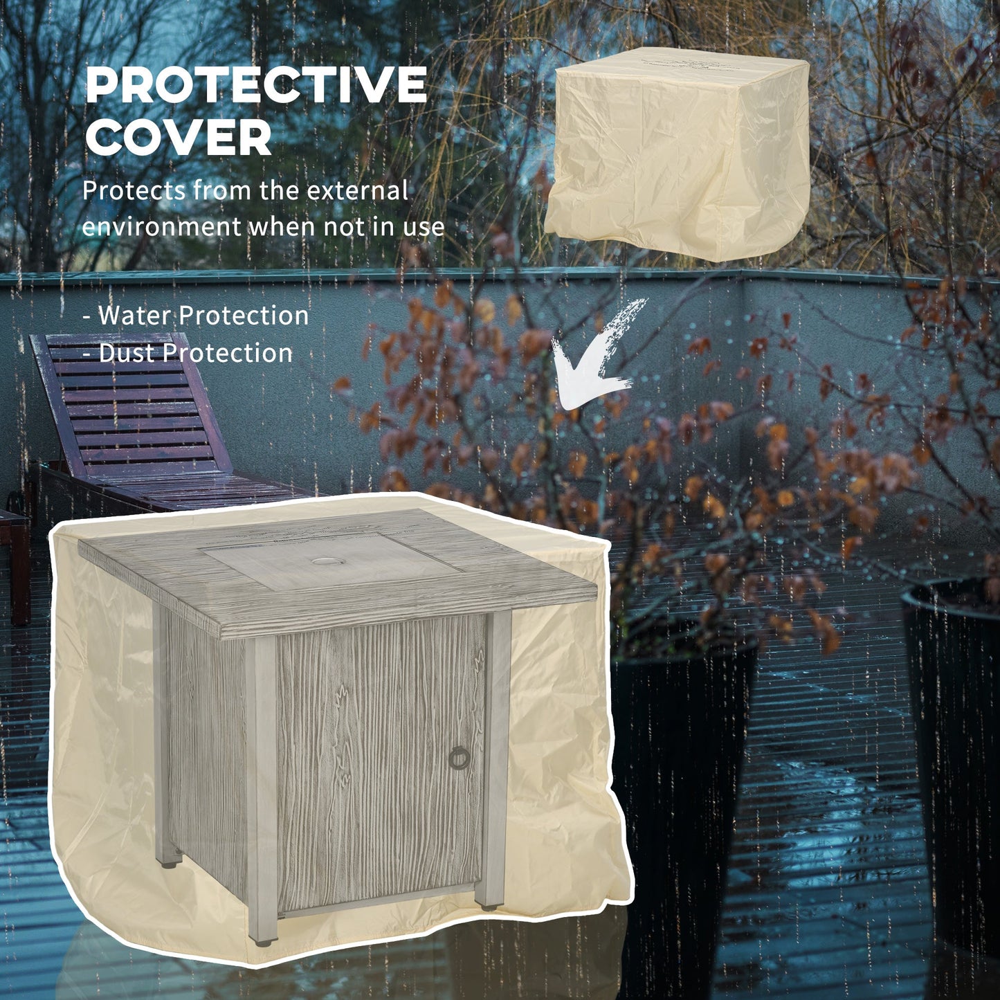 Propane Gas Fire Pit Table for Garden, 40000 BTU Smokeless Firepit Outdoor Patio Heater with Waterproof Cover, Glass Screen, Glass Beads and Lid, Wood Effect, 71 x 71 x 62.5cm, Grey
