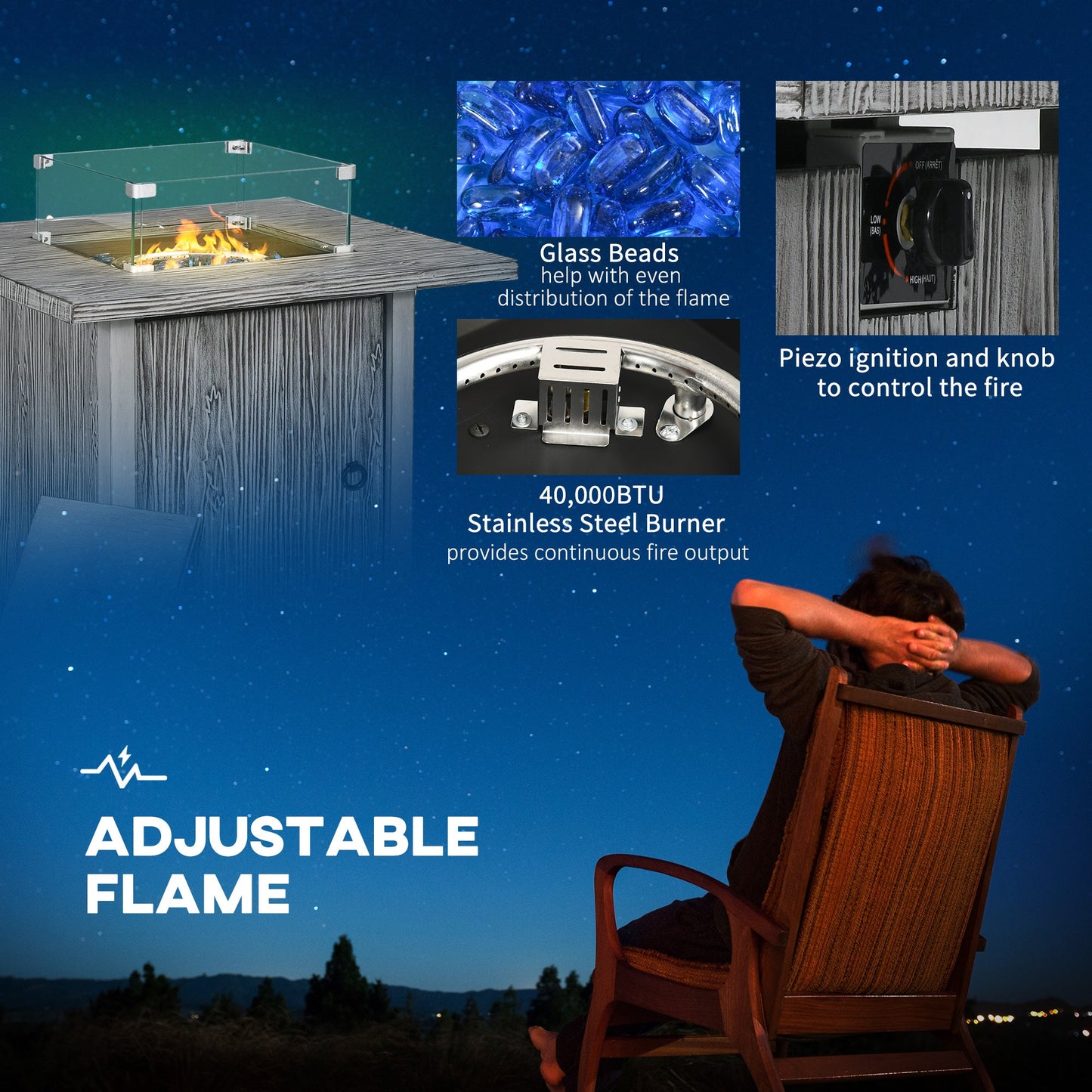 Propane Gas Fire Pit Table for Garden, 40000 BTU Smokeless Firepit Outdoor Patio Heater with Waterproof Cover, Glass Screen, Glass Beads and Lid, Wood Effect, 71 x 71 x 62.5cm, Grey