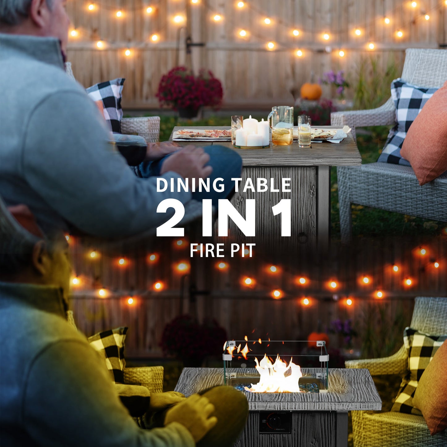 Propane Gas Fire Pit Table for Garden, 40000 BTU Smokeless Firepit Outdoor Patio Heater with Waterproof Cover, Glass Screen, Glass Beads and Lid, Wood Effect, 71 x 71 x 62.5cm, Grey