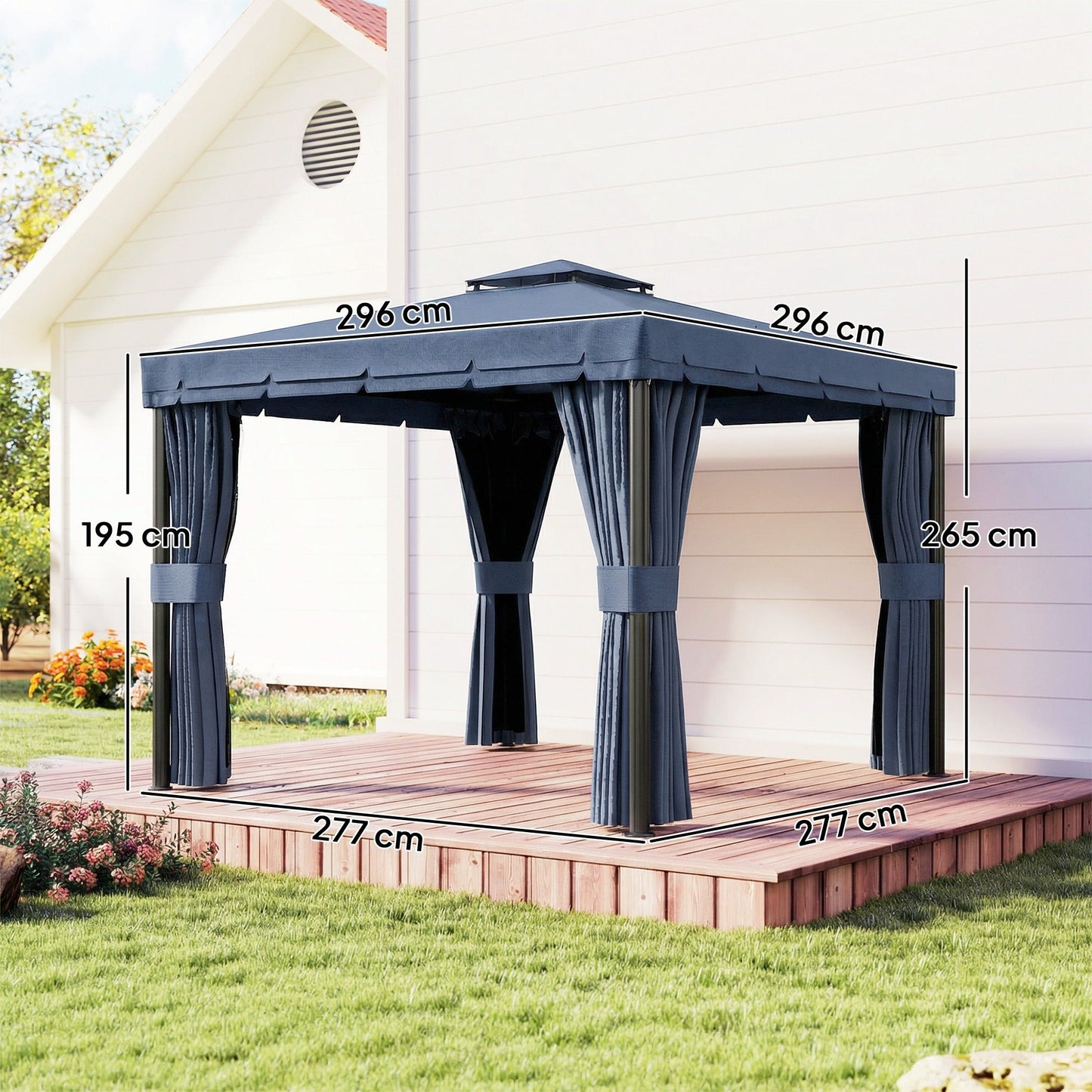 3 x 3(m) Patio Gazebo Canopy Garden Pavilion Tent Shelter Marquee with 2 Tier Water Repellent Roof, Mosquito Netting and Curtains, Aluminium Frame, Dark Blue