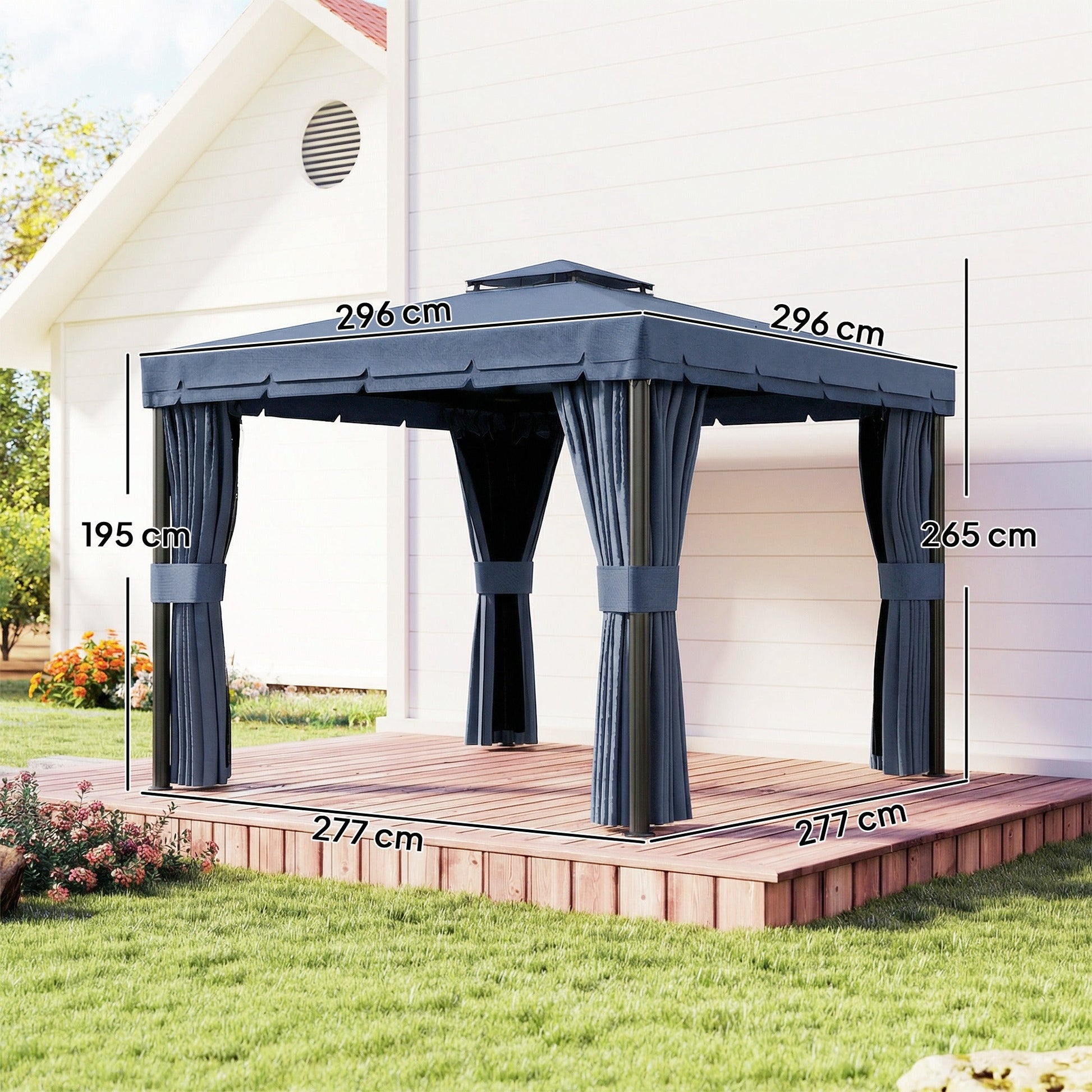 3 x 3(m) Patio Gazebo Canopy Garden Pavilion Tent Shelter Marquee with 2 Tier Water Repellent Roof, Mosquito Netting and Curtains, Aluminium Frame, Dark Blue