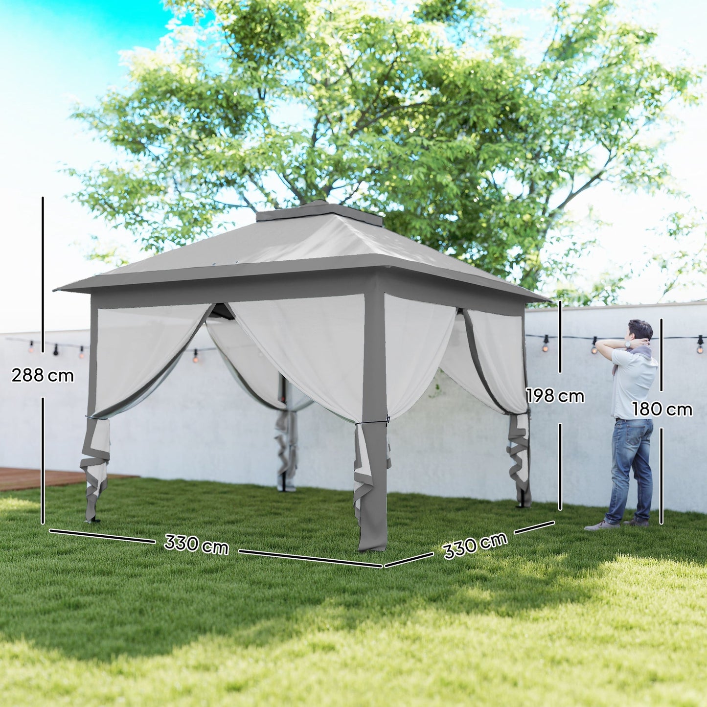 3.3 x 3.3m Pop Up Gazebo, Double Roof Foldable Canopy Tent with Zipped Mesh Sidewalls, Height Adjustable and Carrying Bag, Event Tent for Patio Garden, Grey