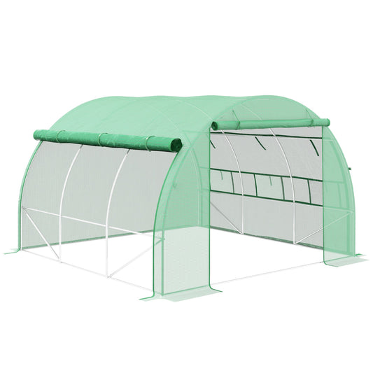 3 x 3 x 2 m Polytunnel Greenhouse with Roll-up Side Walls, Walk-in Grow House Tent with Steel Frame, Reinforced Cover, Zipped Door and 6 Mesh Windows for Garden, Green