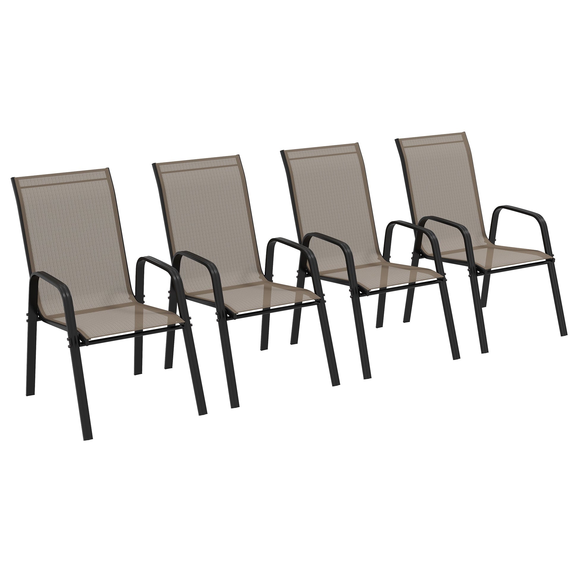 4 Pieces Garden Chairs, Stackable Outdoor Chairs with High Backrest and Armrest, Breathable Mesh Fabric Dining Chair Set of 4, Dark Grey