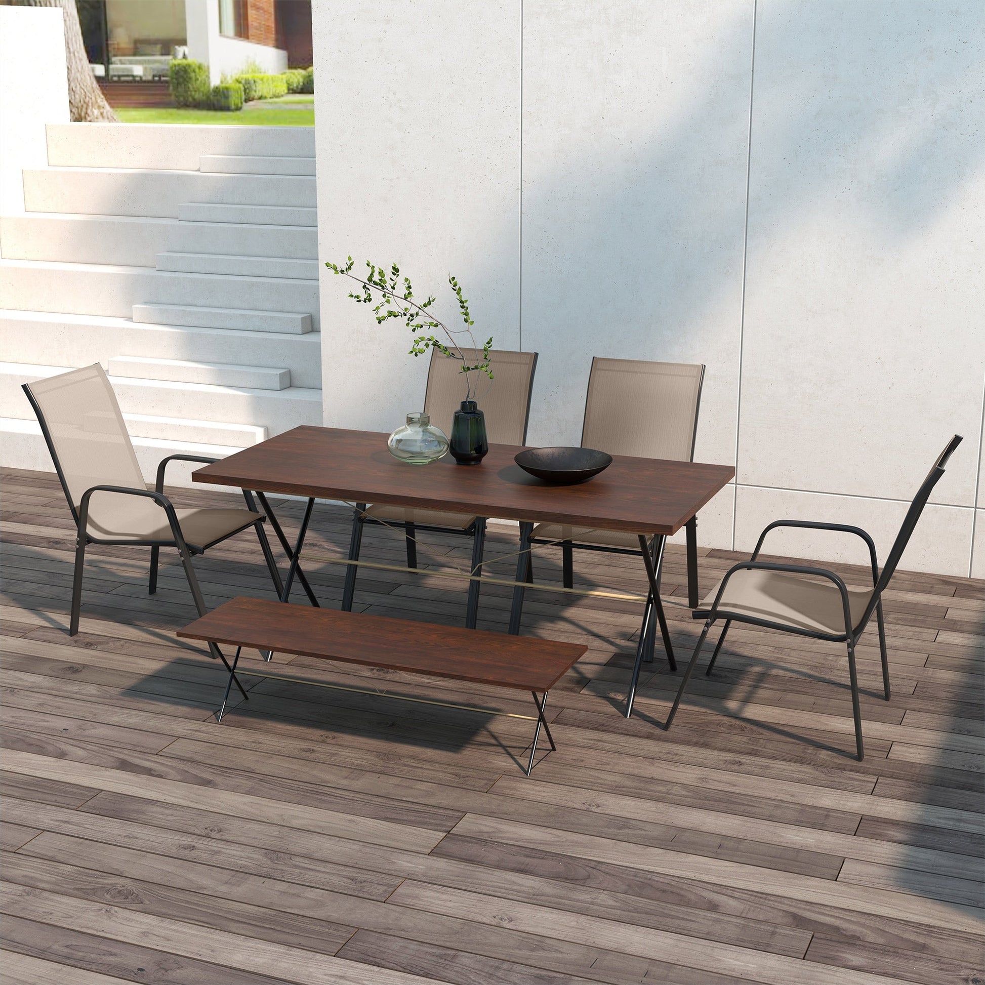 4 Pieces Garden Chairs, Stackable Outdoor Chairs with High Backrest and Armrest, Breathable Mesh Fabric Dining Chair Set of 4, Dark Grey