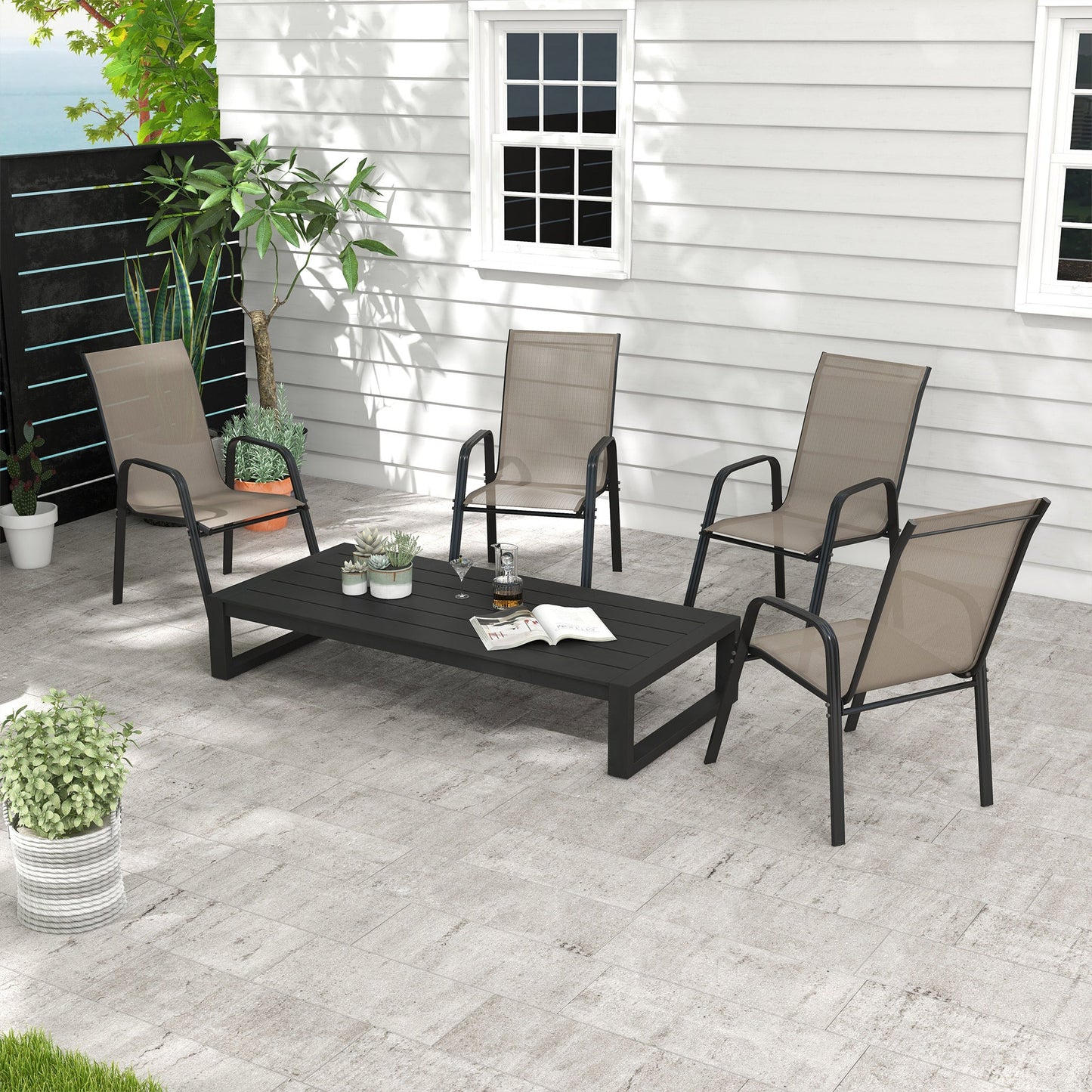 4 Pieces Garden Chairs, Stackable Outdoor Chairs with High Backrest and Armrest, Breathable Mesh Fabric Dining Chair Set of 4, Dark Grey