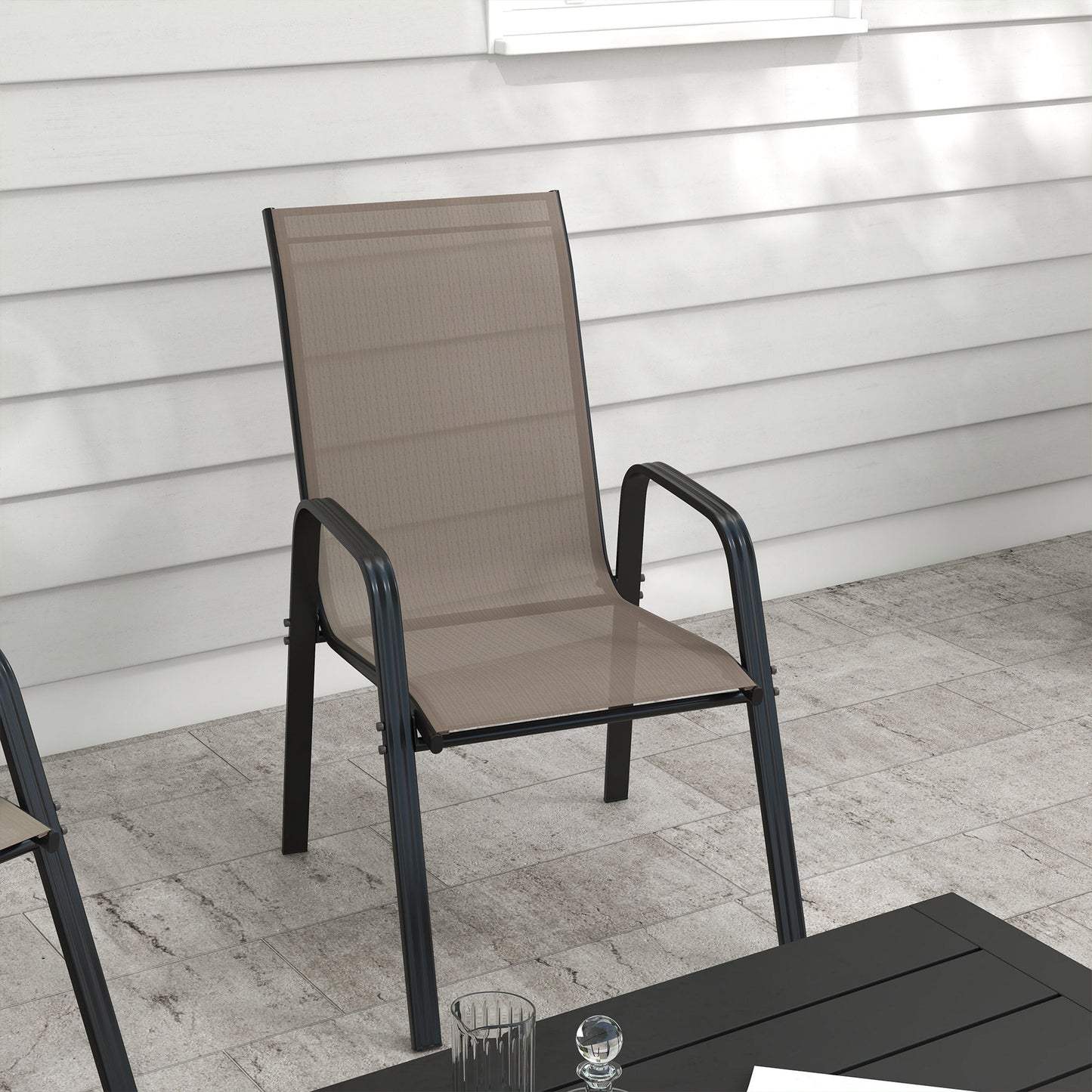 4 Pieces Garden Chairs, Stackable Outdoor Chairs with High Backrest and Armrest, Breathable Mesh Fabric Dining Chair Set of 4, Dark Grey