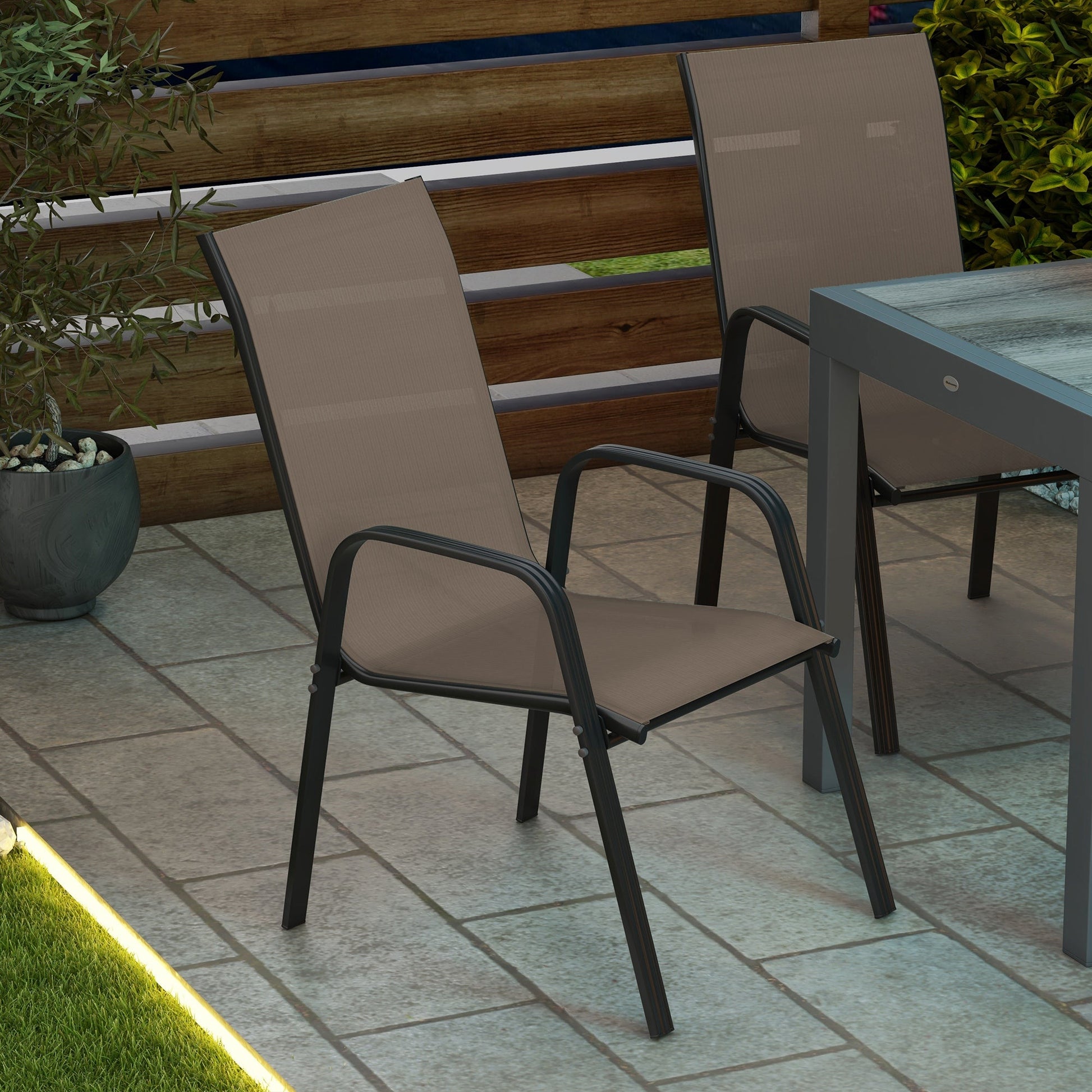 4 Pieces Garden Chairs, Stackable Outdoor Chairs with High Backrest and Armrest, Breathable Mesh Fabric Dining Chair Set of 4, Dark Grey