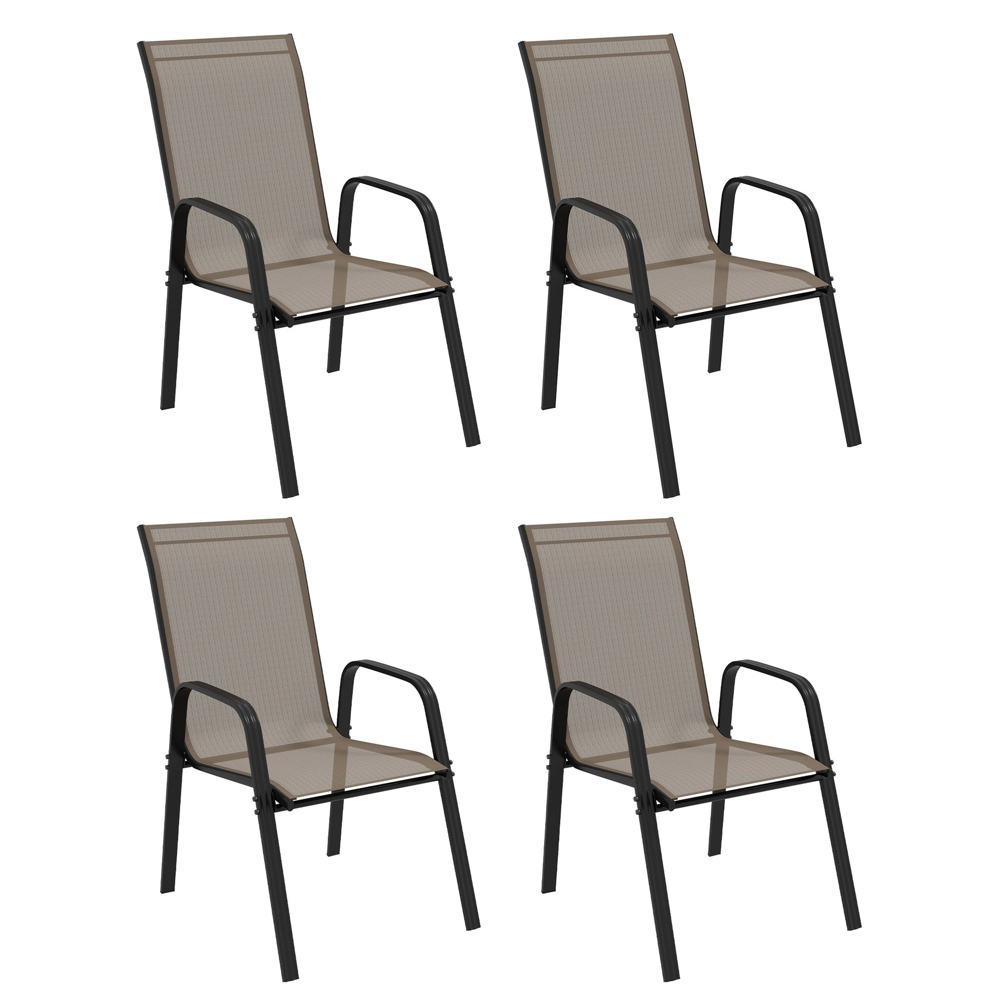 4 Pieces Garden Chairs, Stackable Outdoor Chairs with High Backrest and Armrest, Breathable Mesh Fabric Dining Chair Set of 4, Dark Grey