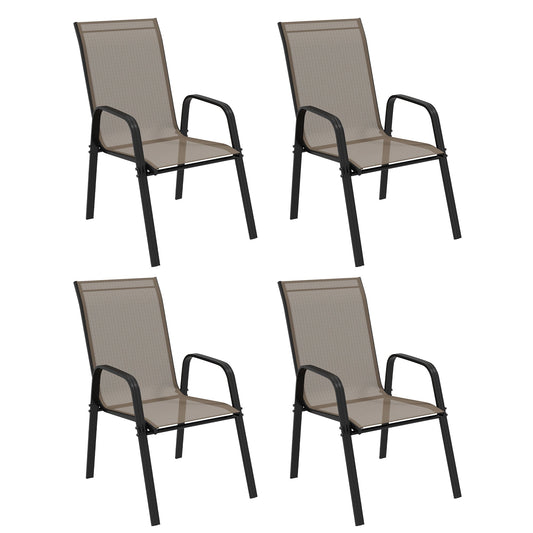 4 Pieces Garden Chairs, Stackable Outdoor Chairs with High Backrest and Armrest, Breathable Mesh Fabric Dining Chair Set of 4, Dark Grey