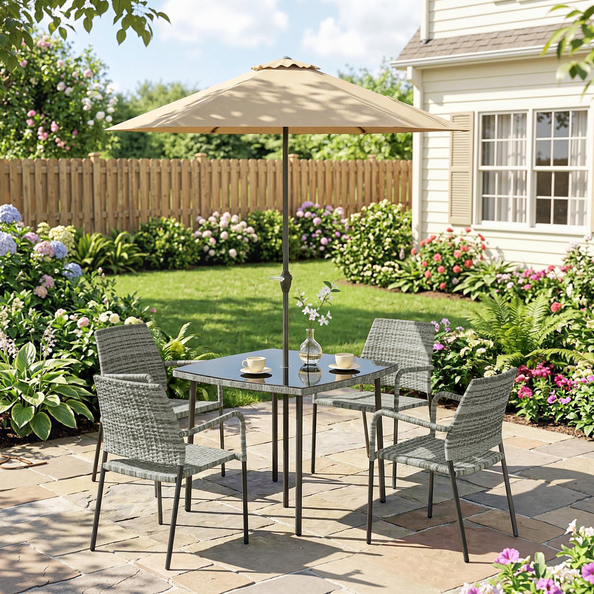 4 Seater Rattan Dining Set with Parasol, 6 Piece Garden Table and Stackable Chairs with Tempered Glass Tabletop, All-Weather Outdoor Rattan Furniture Set for Patio, Light Grey
