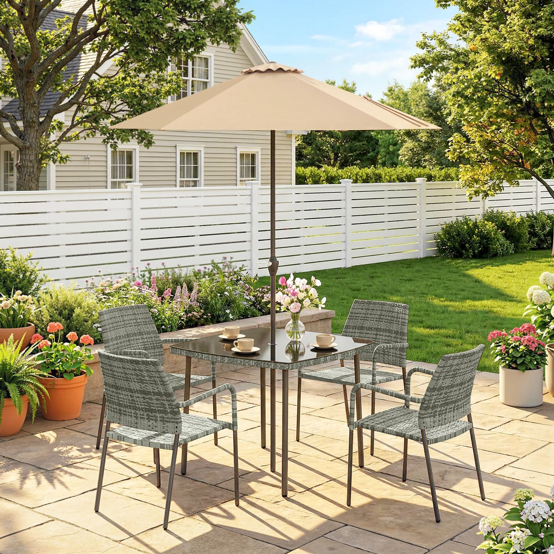 4 Seater Rattan Dining Set with Parasol, 6 Piece Garden Table and Stackable Chairs with Tempered Glass Tabletop, All-Weather Outdoor Rattan Furniture Set for Patio, Light Grey