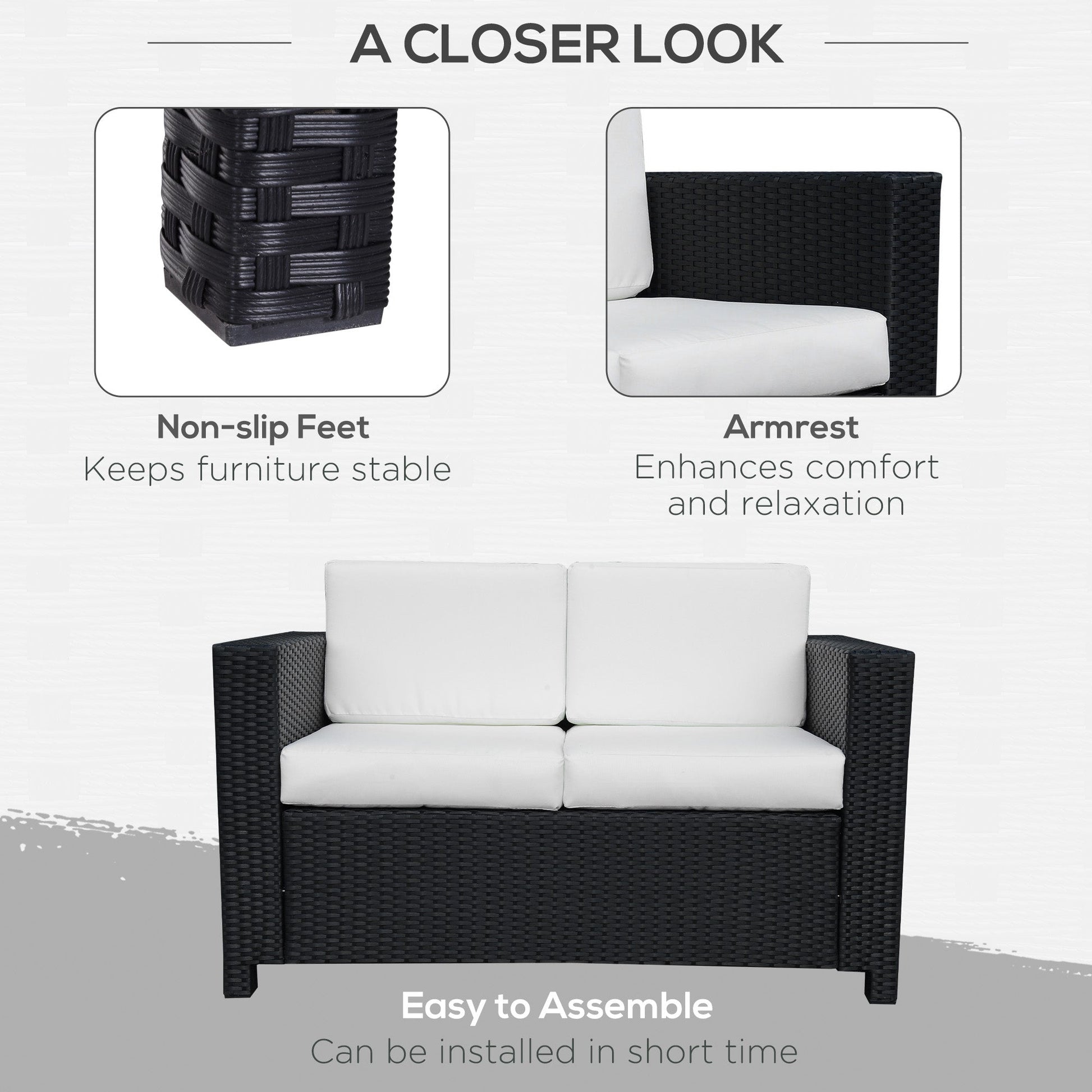 Rattan Sofa, 2 Seater Garden Furniture with Soft Padded Cushion and Armrests, Wicker Garden Loveseat for Patio, Black