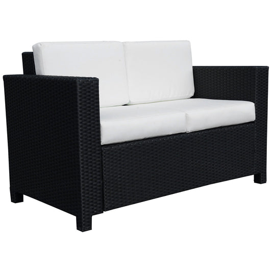 Rattan Sofa, 2 Seater Garden Furniture with Soft Padded Cushion and Armrests, Wicker Garden Loveseat for Patio, Black