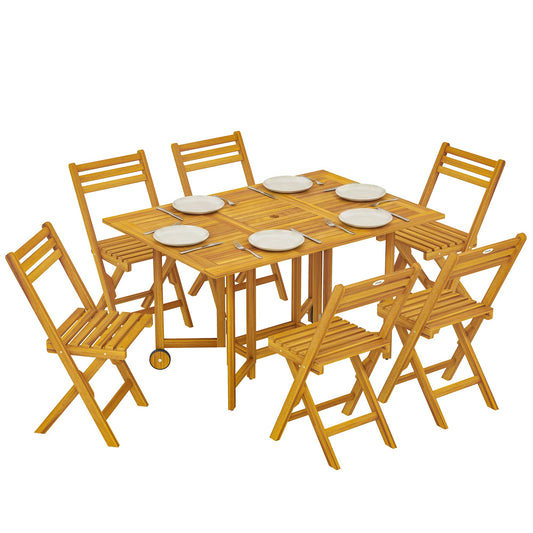7 Pieces Garden Dining Set, Extending Dining Table and 6 Folding Chairs with Umbrella Hole, Garden Furniture Set with FSC-Certified Acacia Wood for Patio, Natural Wood