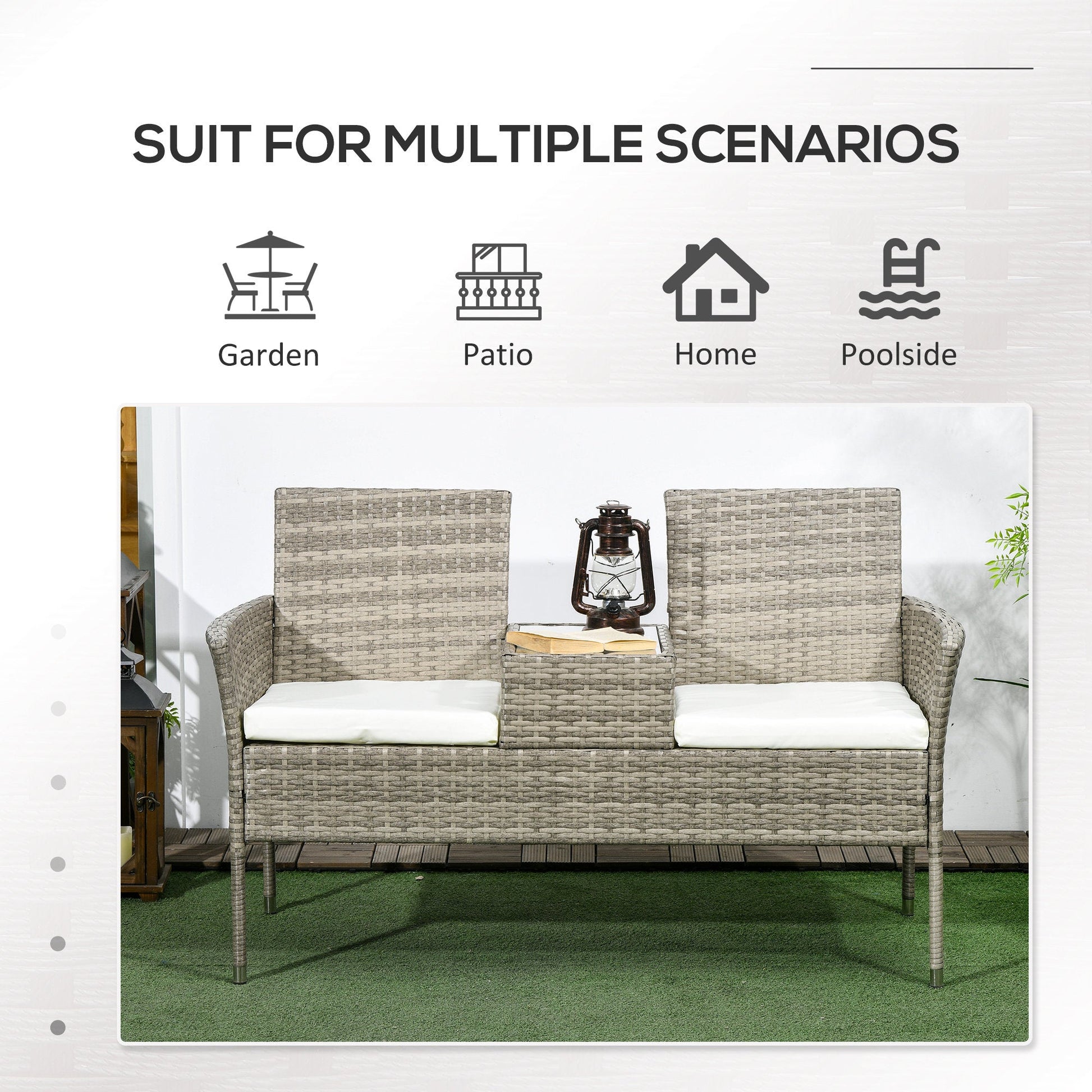 2 Seat Rattan Garden Bench, Patio Wicker Chair with Glass Tea Table, Outdoor Love Seat with Padded Cushions, for Garden, Porch, Poolside, Mixed Grey/Cream White