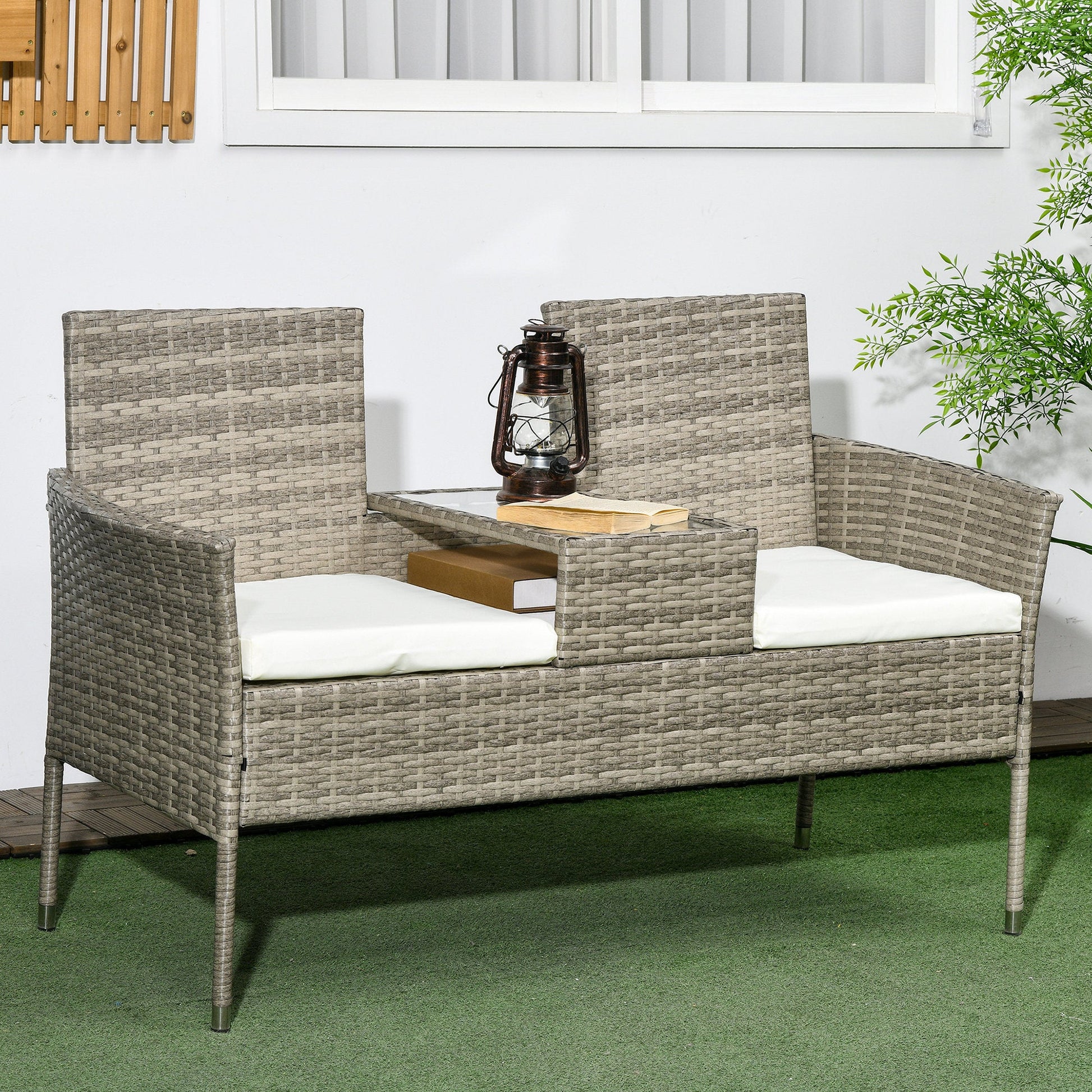 2 Seat Rattan Garden Bench, Patio Wicker Chair with Glass Tea Table, Outdoor Love Seat with Padded Cushions, for Garden, Porch, Poolside, Mixed Grey/Cream White