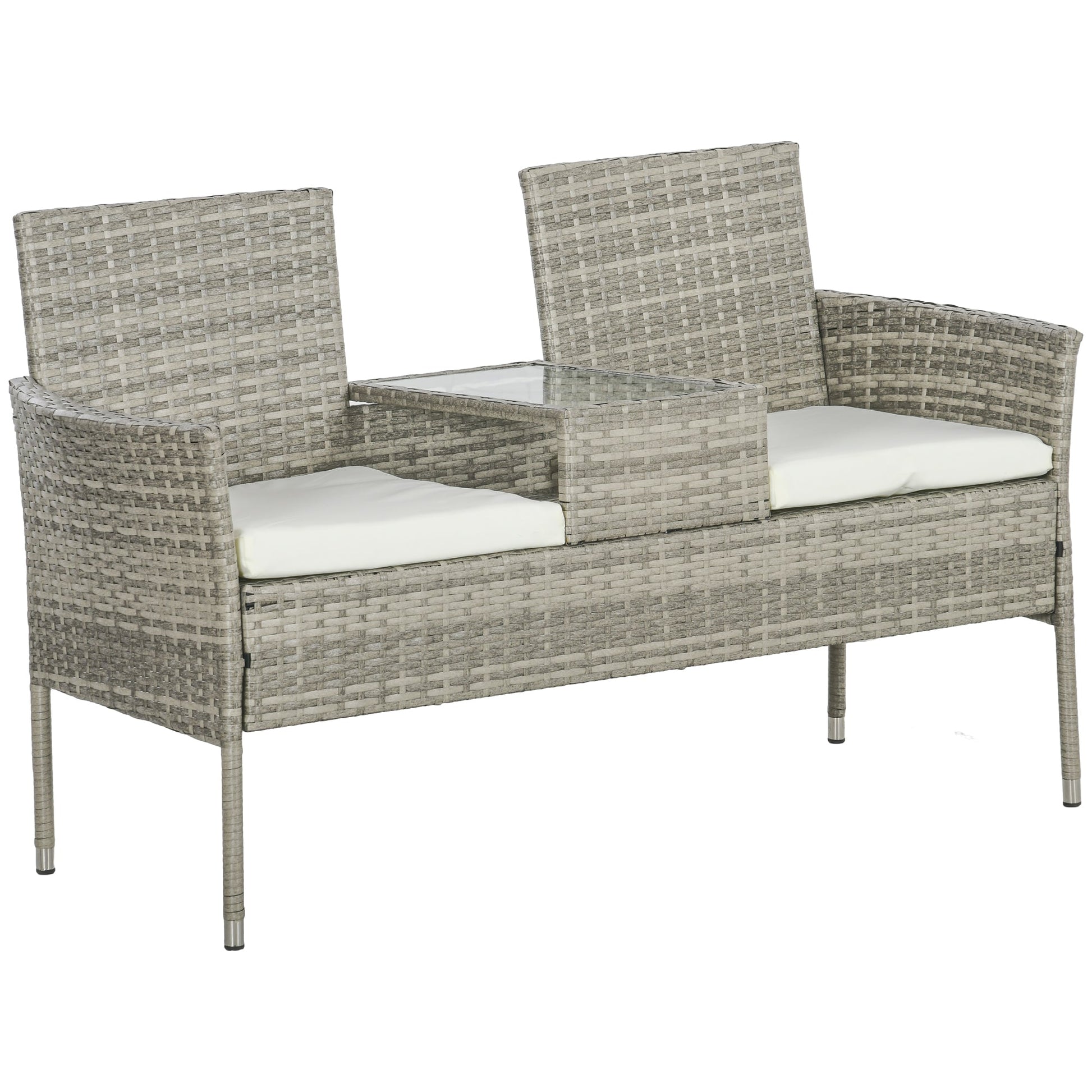 2 Seat Rattan Garden Bench, Patio Wicker Chair with Glass Tea Table, Outdoor Love Seat with Padded Cushions, for Garden, Porch, Poolside, Mixed Grey/Cream White