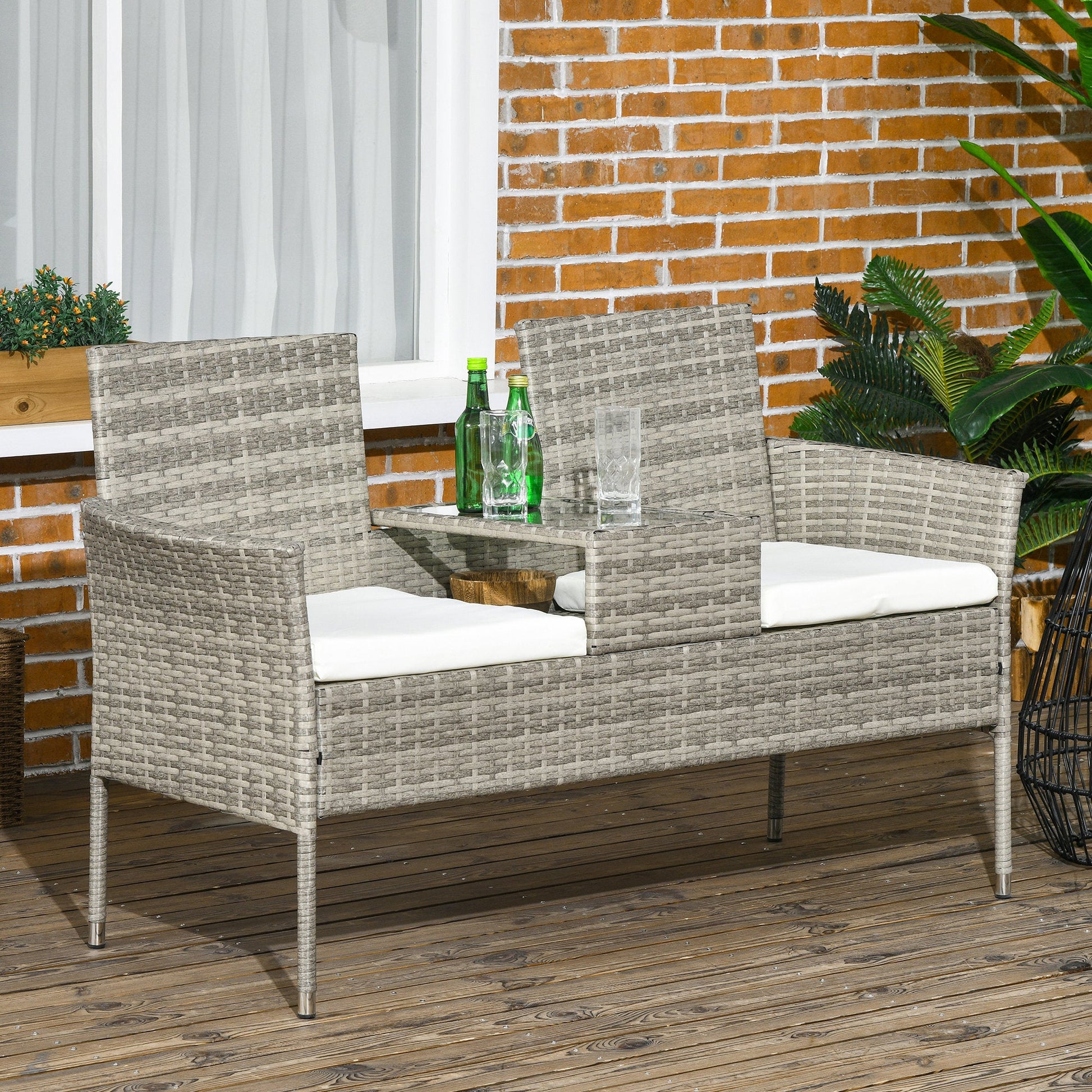 2 Seat Rattan Garden Bench, Patio Wicker Chair with Glass Tea Table, Outdoor Love Seat with Padded Cushions, for Garden, Porch, Poolside, Mixed Grey/Cream White