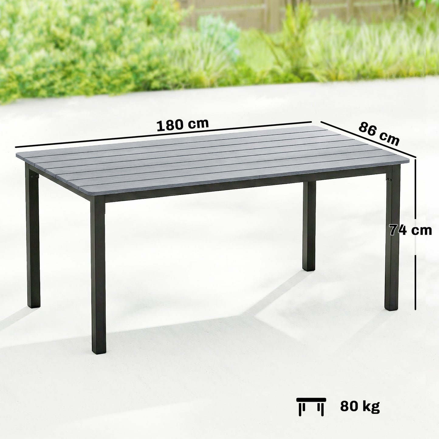 Garden Dining Table for 6-8 Person, 180 x 86 cm Rectangular Outdoor Dining Table with Wood Slatted Top and Steel Frame, All Weather Patio Furniture for Balcony, Porch, Grey