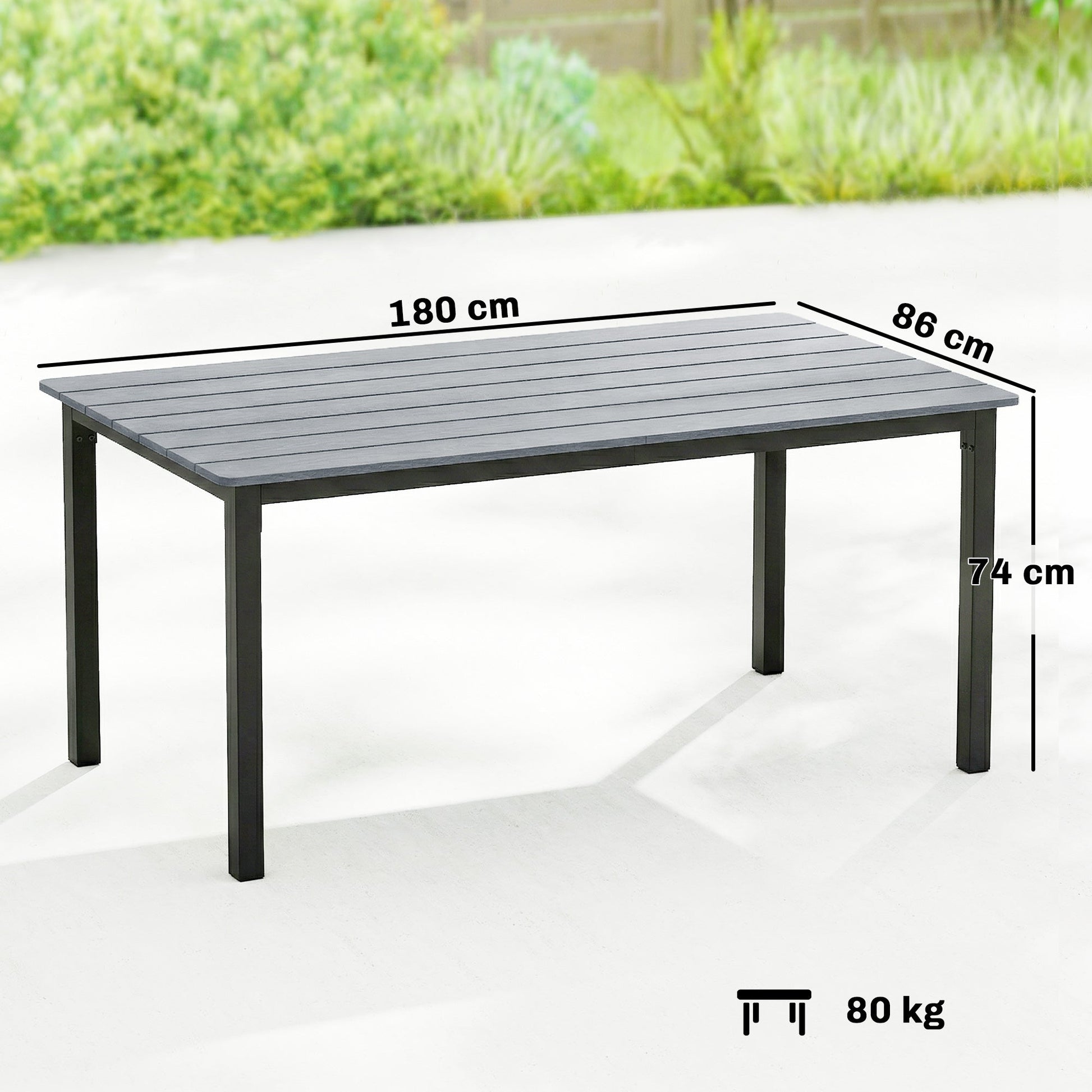 Garden Dining Table for 6-8 Person, 180 x 86 cm Rectangular Outdoor Dining Table with Wood Slatted Top and Steel Frame, All Weather Patio Furniture for Balcony, Porch, Grey
