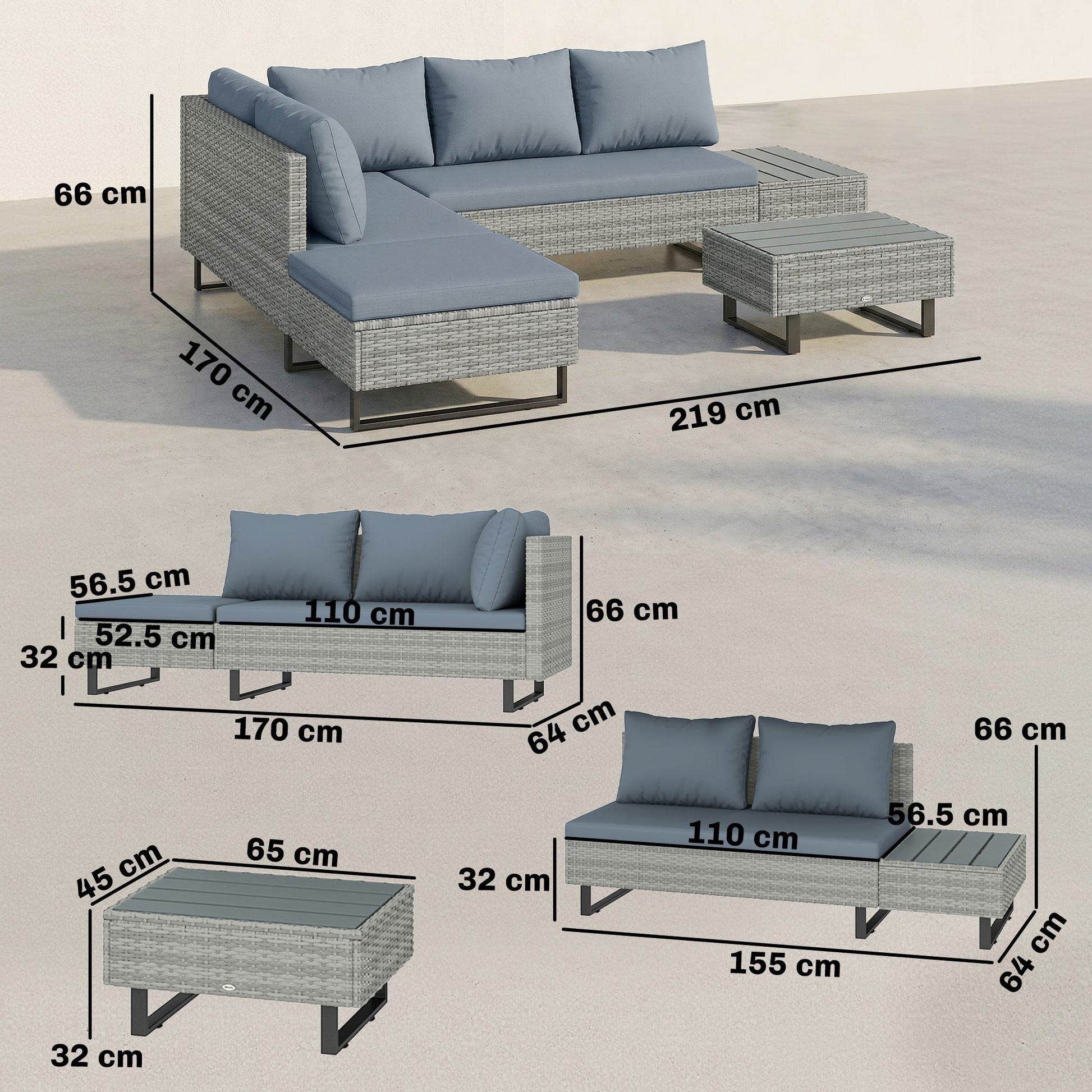 5 Seater Rattan Garden Furniture Set, Adjustable Back Corner Sofa Outdoor Lounge Set, Loveseat, Faux Wood Table, Cushions, L Shaped Patio Furniture Conversation Sets, Metal Frame, Grey