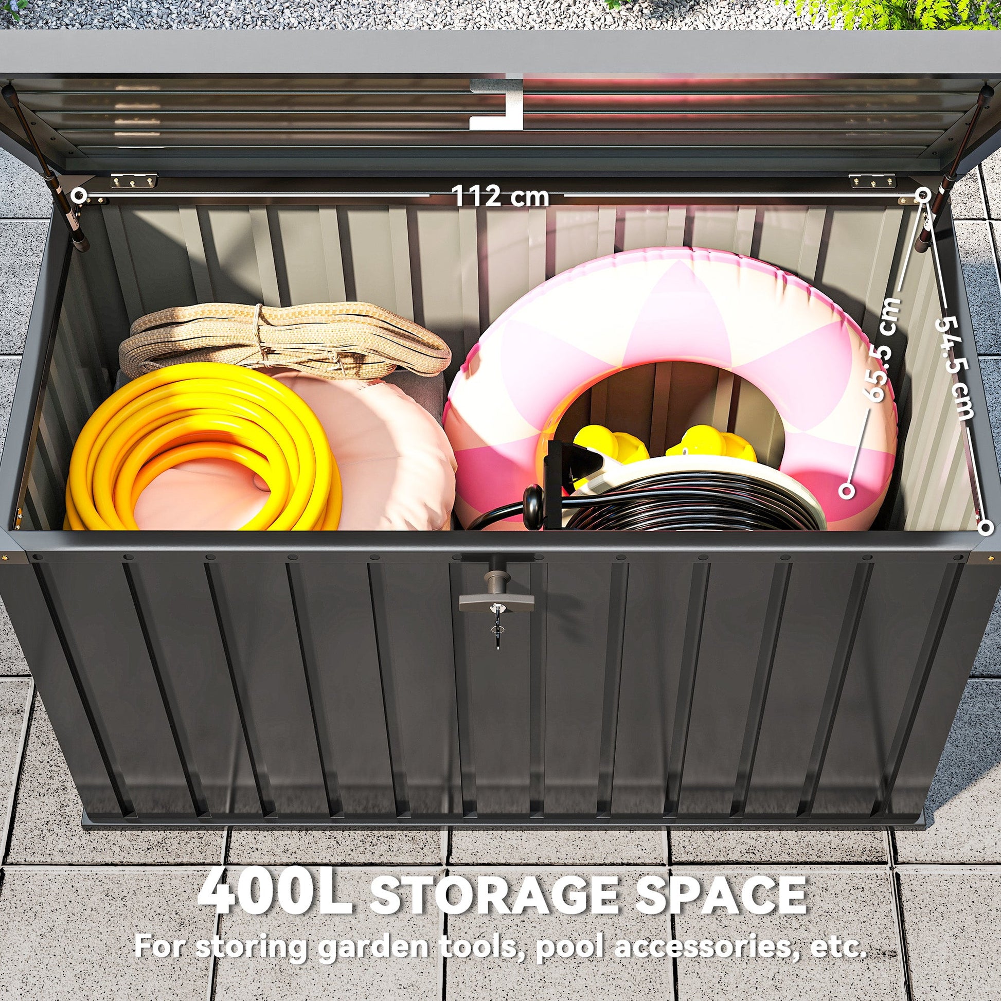 400L Garden Storage Box, Waterproof Metal Outdoor Storage Box with Lockable Lid, Storage Container Furniture Terrace Box, 124 x 66 x 72 cm, Black