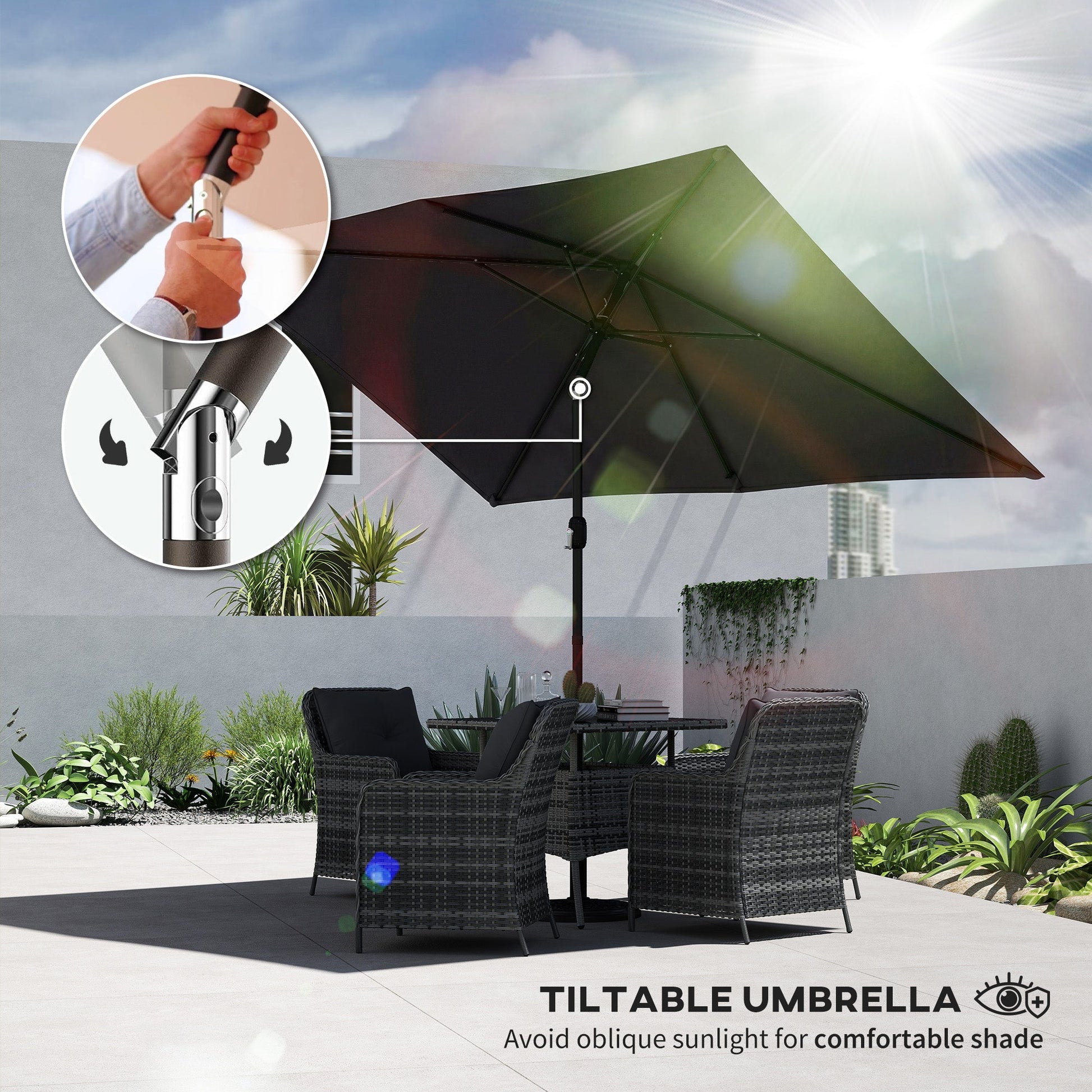 3x2m Garden Parasol, Parasol Umbrella with Crank Handle, Tilt Function, Polyester Canopy, Outdoor Table Umbrella for Patio, Garden, Black