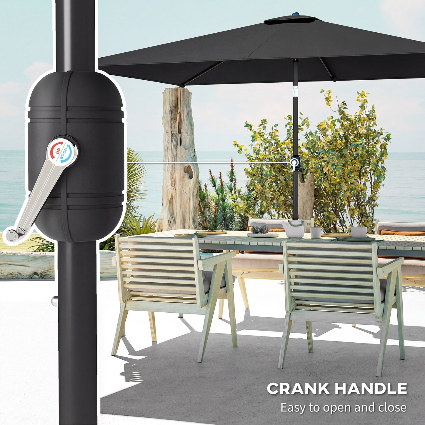 3x2m Garden Parasol, Parasol Umbrella with Crank Handle, Tilt Function, Polyester Canopy, Outdoor Table Umbrella for Patio, Garden, Black