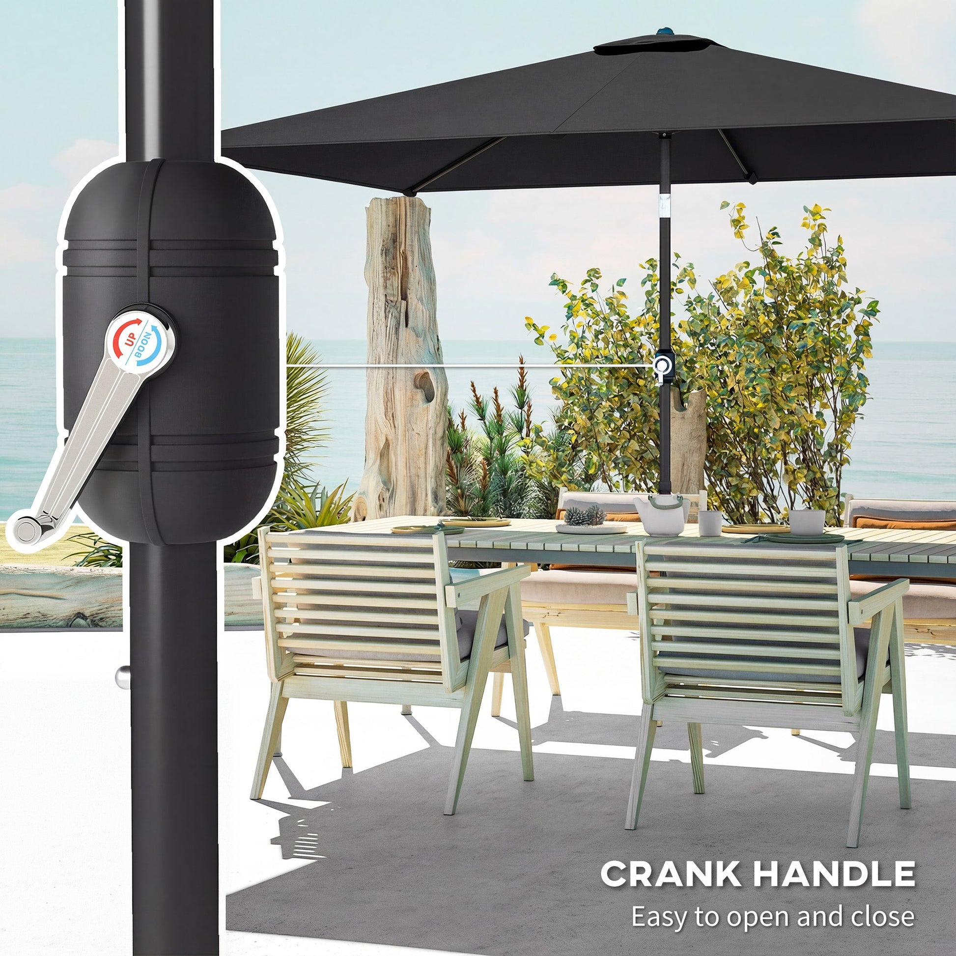 3x2m Garden Parasol, Parasol Umbrella with Crank Handle, Tilt Function, Polyester Canopy, Outdoor Table Umbrella for Patio, Garden, Black