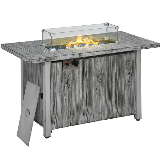 Propane Gas Fire Pit Table for Garden, 50000 BTU Smokeless Firepit Outdoor Patio Heater with Waterproof Cover, Glass Screen, Glass Beads and Lid, Wood Effect, 109 x 56 x 63cm, Grey